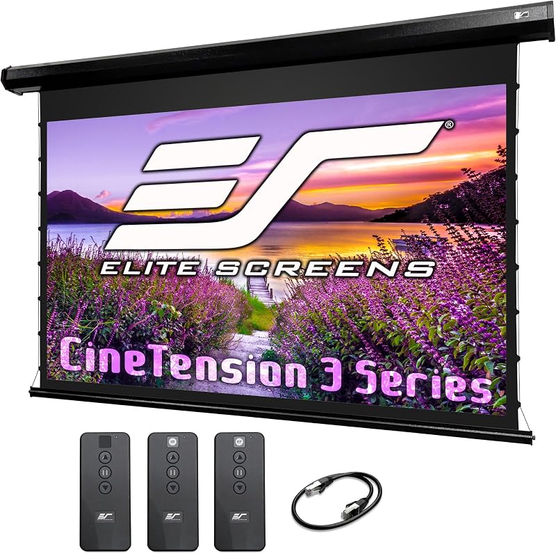 Elite Screens Pantalla de proyector motorizada CineTension 3, 120 pulgadas 16:9 | Interior Eléctrico ISF Material Tab Tensión Cine en Casa Proyección Frontal Automática Películas Presentaciones de Oficina, TE120HW3, Negro