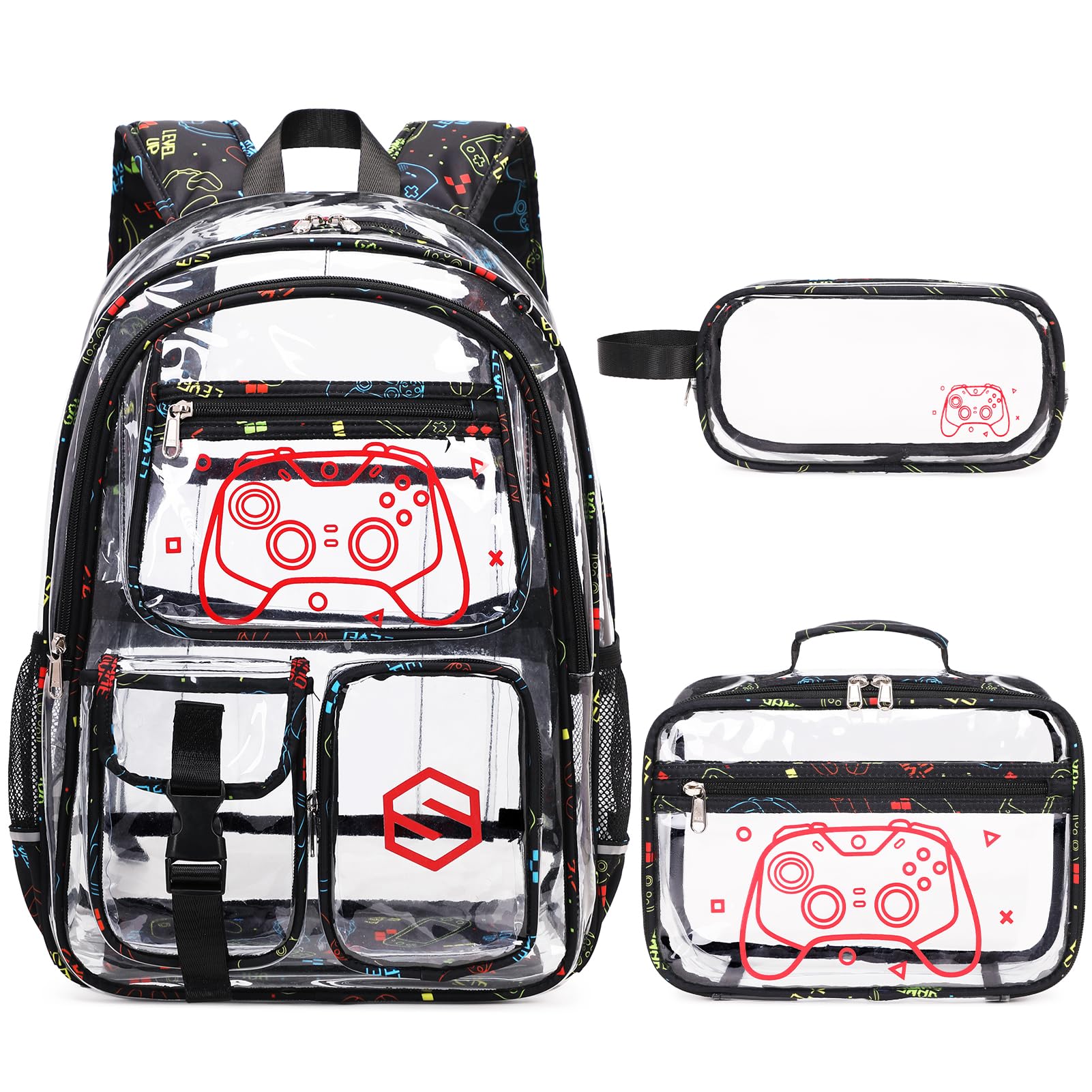DIGOBAY 3PCS Cool Luminous Clear Backpack for Boys Kids, Gamer Bookbag for School, See Through PVC Transparent Backpacks with Lunch Bag Pencil Case,