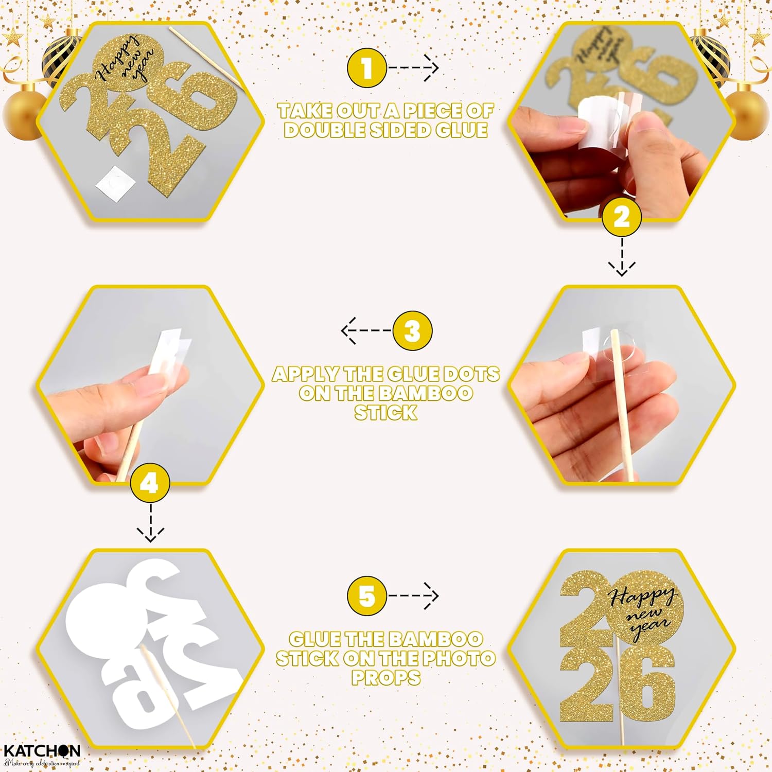 KatchOn, Glitter New Years Photo Booth Props 2026 - Pack of 30 | Gold and Black New Years Eve Photo Booth Props for Happy New Year Decorations 2026 | NYE Decorations | New Years Eve Party Supplies - Image 5