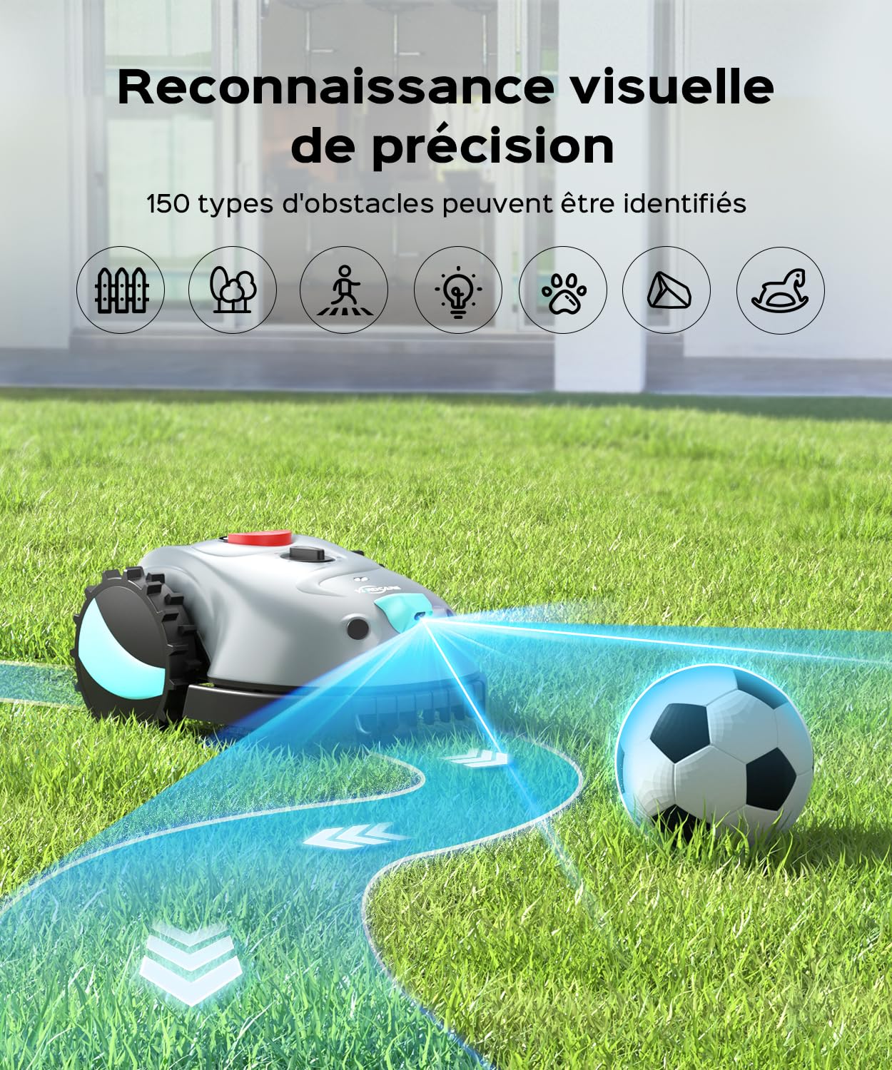 YARDCARE V100 Robot Tondeuse sans Fil Périphérique avec Navigation Visuelle, Coupe en Spirale, Détection d'obstacles 150, Robot Tondeuse Gazon avec Batterie(4Ah), Lames de Rechange