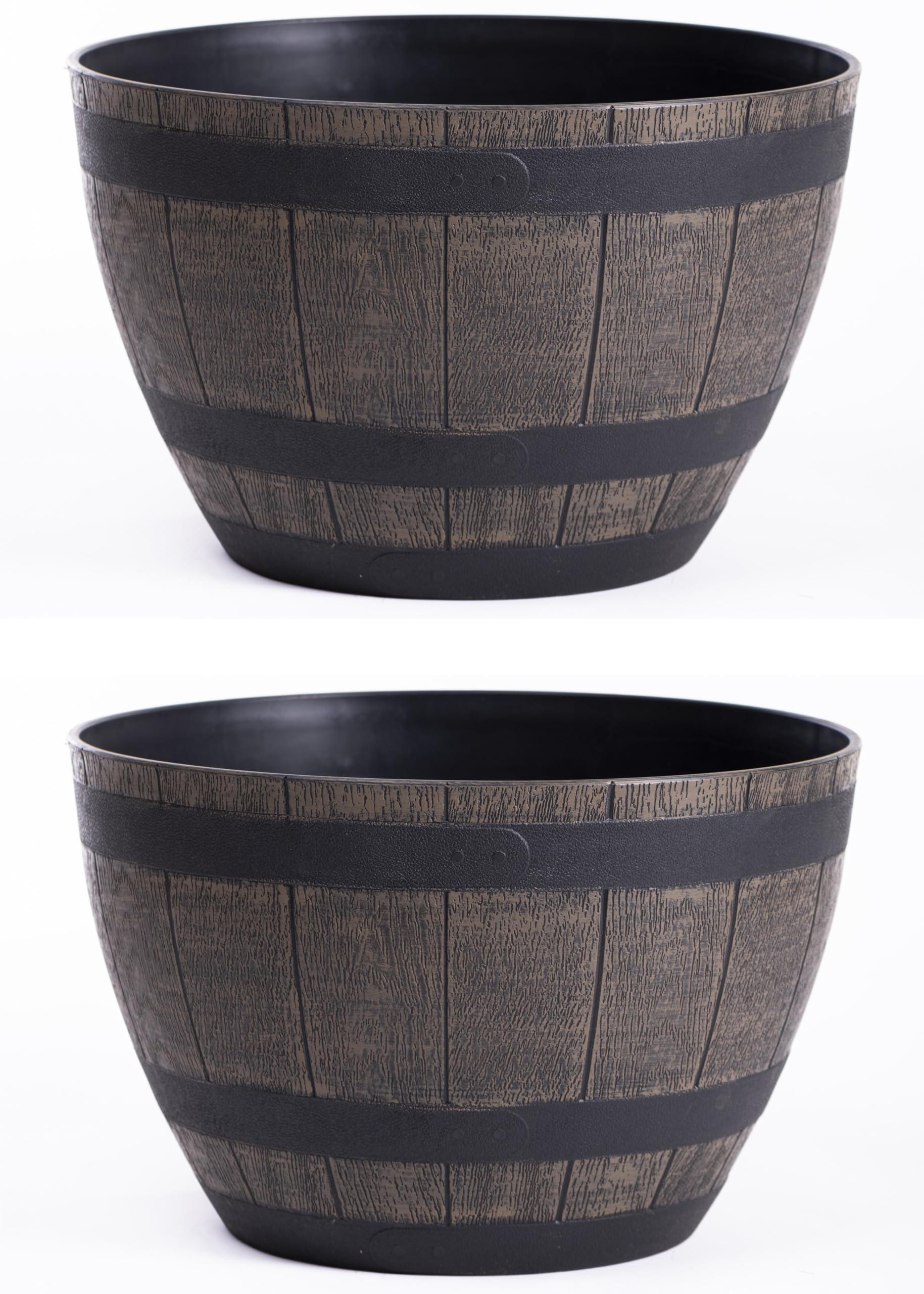 Garden Gear Curved Wooden Barrel Planter Rustic Oak Effect Weatherproof Plastic Outdoor Indoor Flower Pot 3 Sizes Medium Large XL (Medium x2)