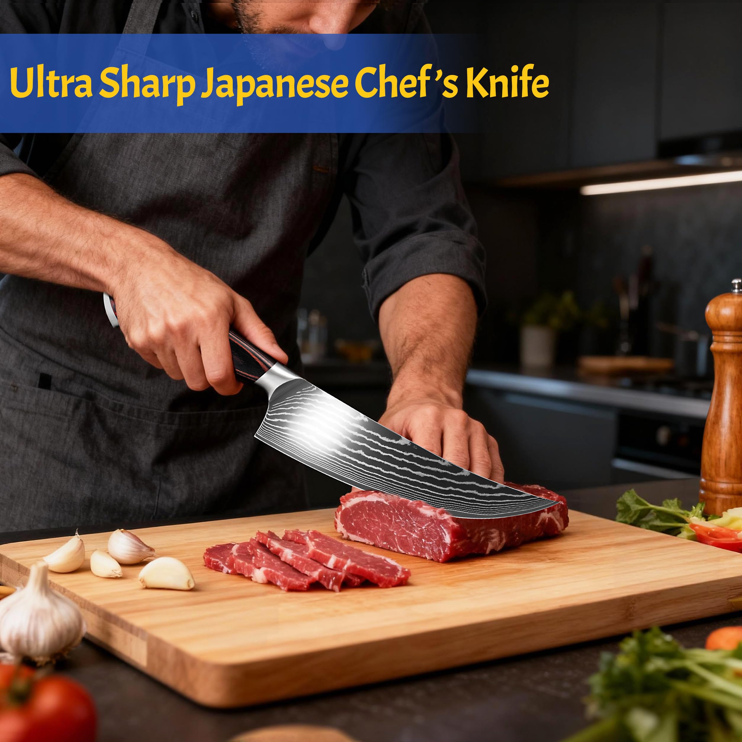 VALESKA 8 Inch Japanese Damascus Chef Knife, VG10 High Carbon Stainless Steel Kitchen Knife with wooden Handle, 15 Degree Edge Razor-Sharp, Gift Box for Family & Friend and Restaurant — Amazon image 5