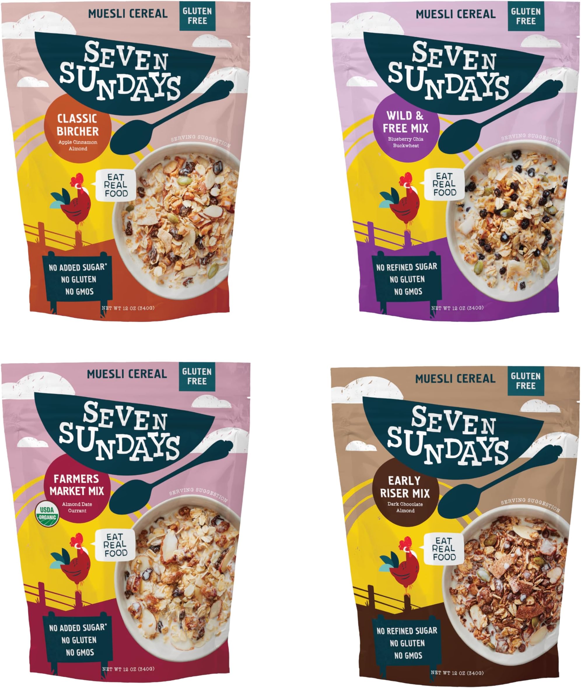 Muesli Cereal Variety Pack - 4 Count, 12 Oz Bag - Certified Gluten Free Muesli - Non GMO, No Refined Sugar and Kosher