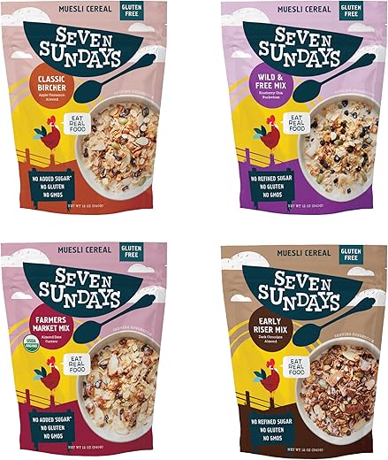 Seven Sundays Muesli Cereal Variety Pack - 4 Count, 12 Oz Bag - Certified Gluten Free Muesli - Non GMO, No Refined Sugar and Kosher