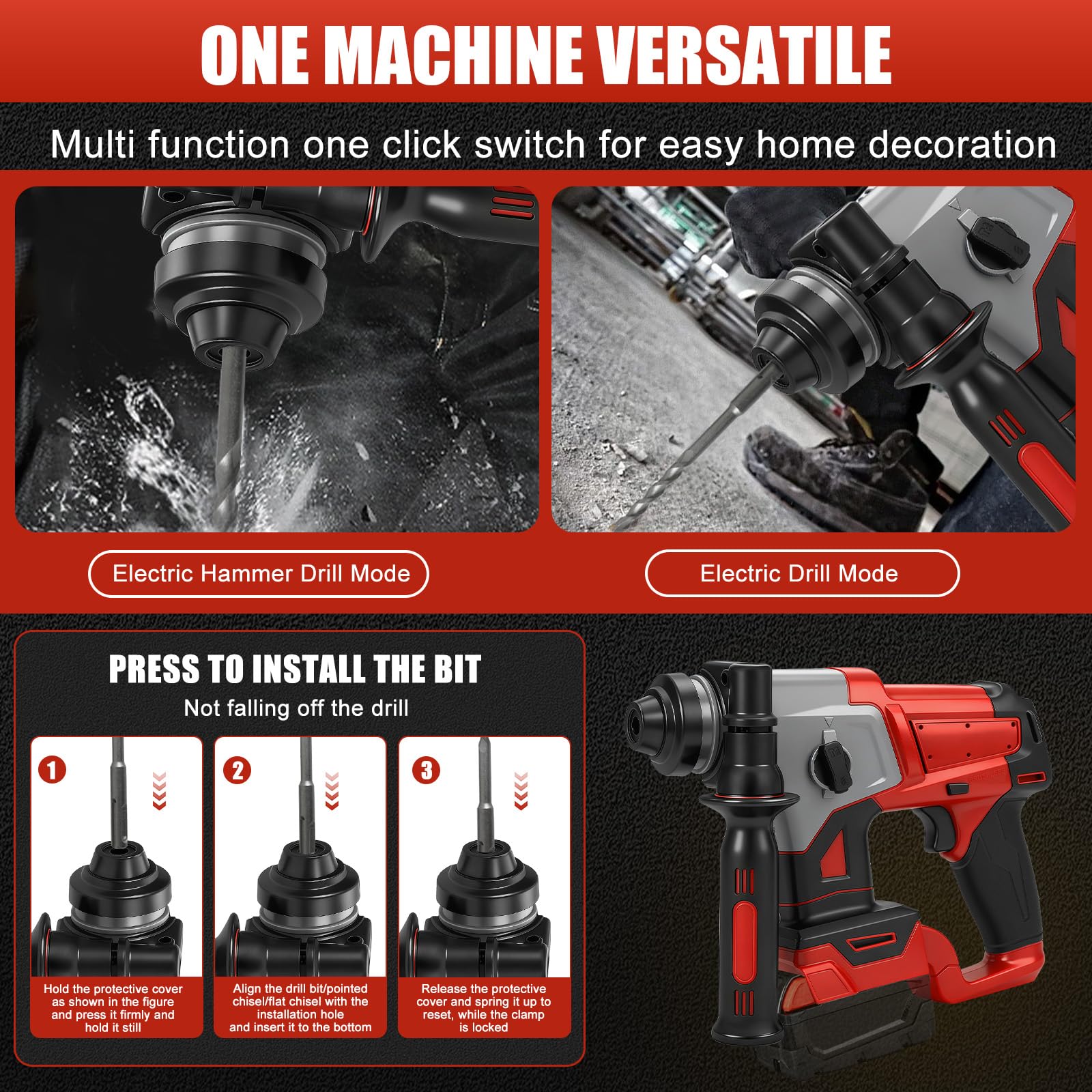 Roadtime 3J Martello Perforatore 1250W compatibile con Milwaukee 18V Battery (senza batteria),Motore senza spazzole martello 3500RPM,Hammer combinato con 3x Drill Bit SDS PLUS,Foratura 22mm