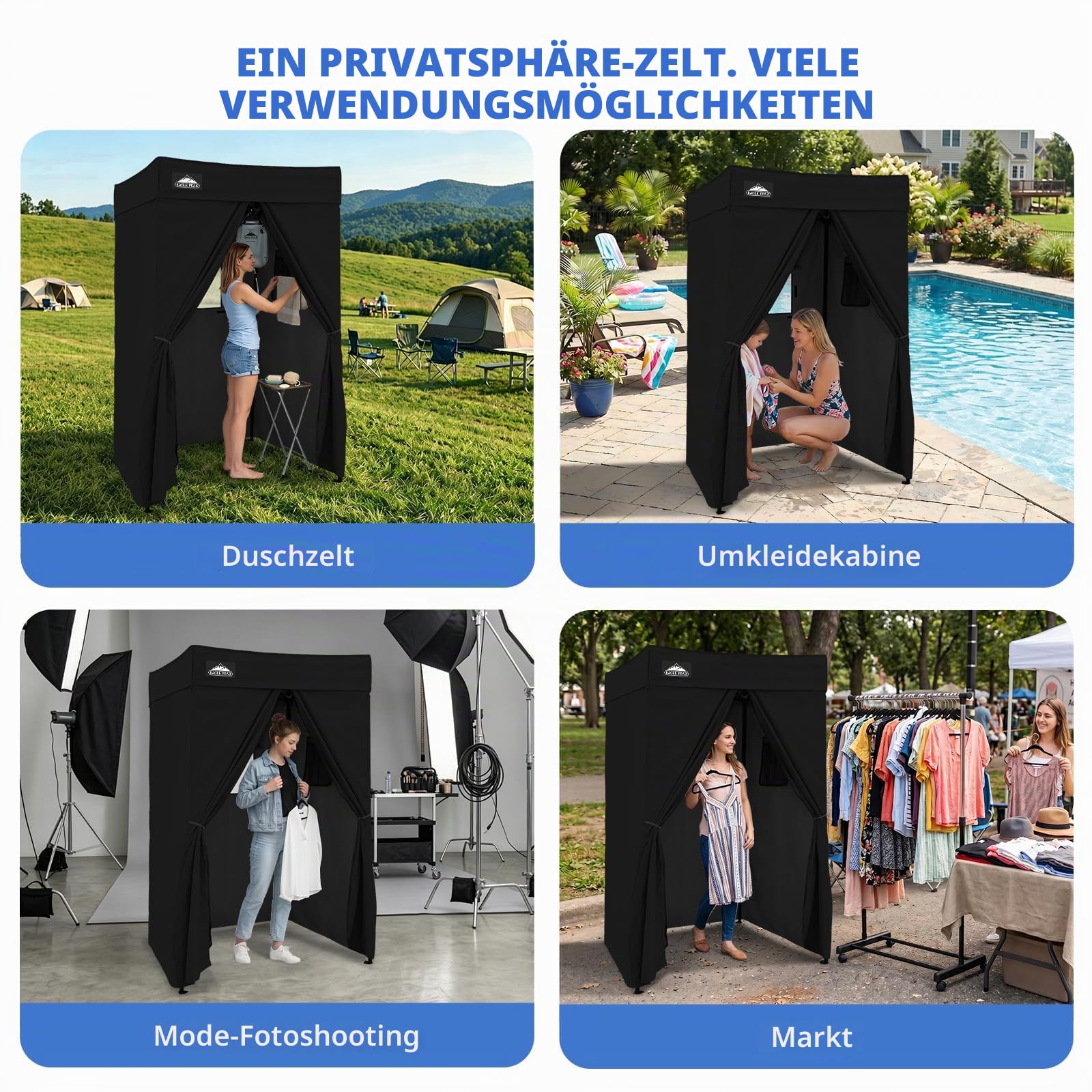 EAGLE PEAK Flex Compact 4x4 Pop-Up-Überdachung, Umkleidekabine, tragbare Privatsphäre Ankleidezimmer für Innenbereich, Mode-Fotoshootings, Camping oder Pool, Schwarz