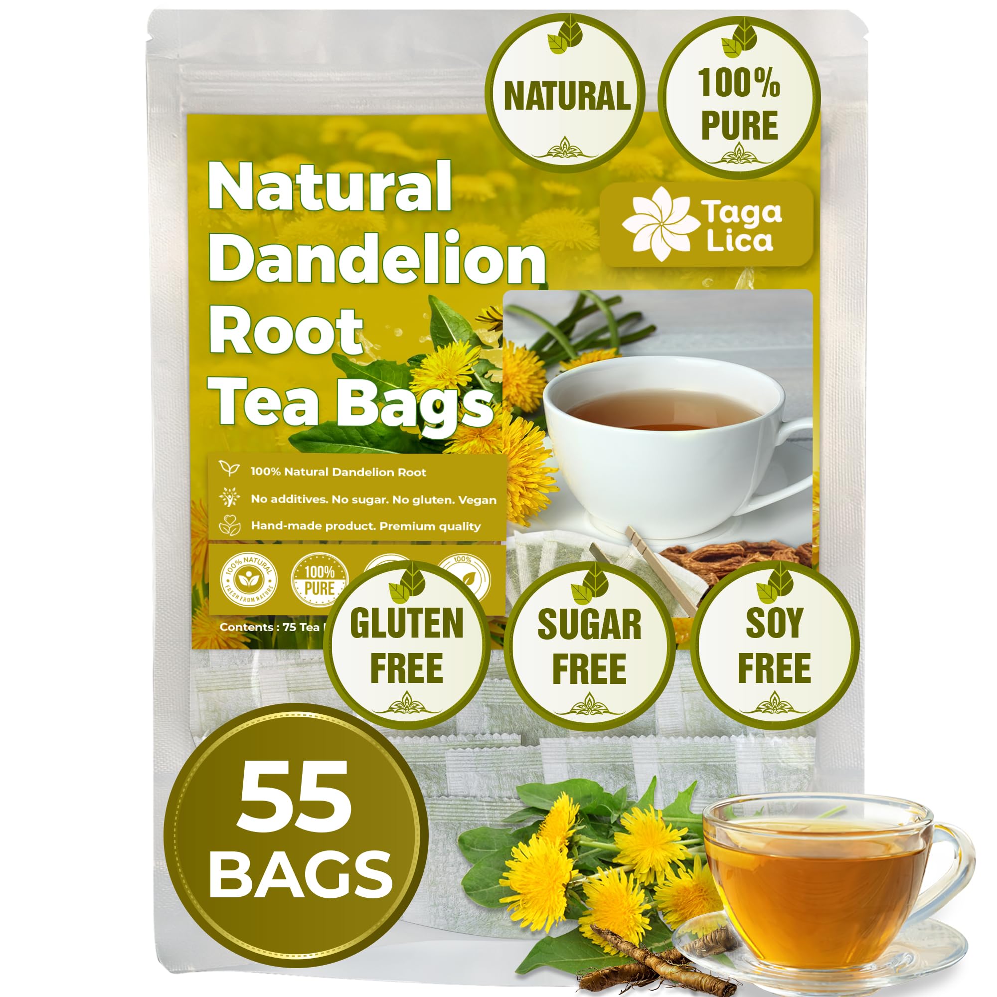 TagalicaTa Premium 55 Dandelion Root Tea Bags - 100% Natural & Pure, Eco-Conscious, Herbal Tea - No Sugar, No Caffeine, No Gluten, Vegan