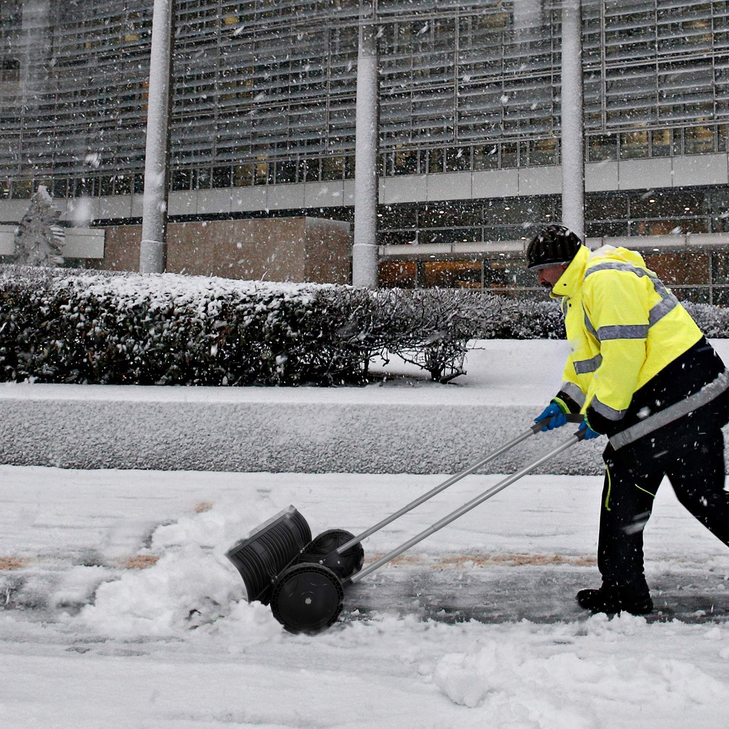 ORIENTOOLS Heavy Duty Snow Shovel, Rolling Adjustable Snow Pusher with 24cm Wheels, Efficient