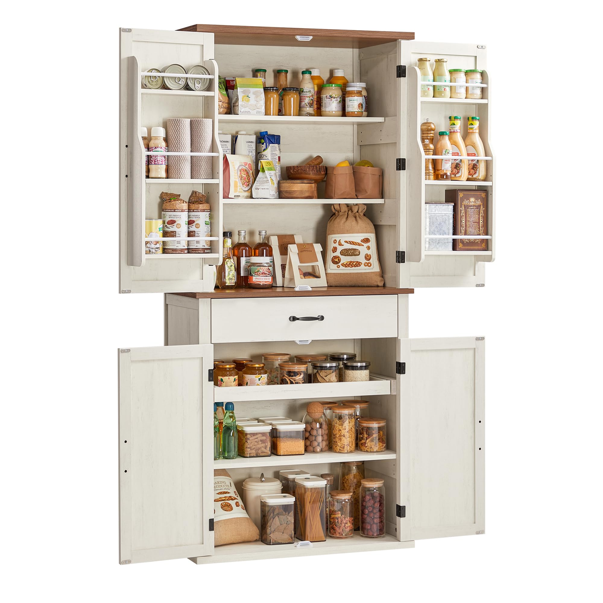 VASAGLE Küchenschrank, 178,6 cm hoher Mehrzweckschrank, Landhausstil, mit Schiebetüren, Schublade, Ablage und verstellbaren Einlegeböden, für Küche Esszimmer, vintageweiß BBK364W02