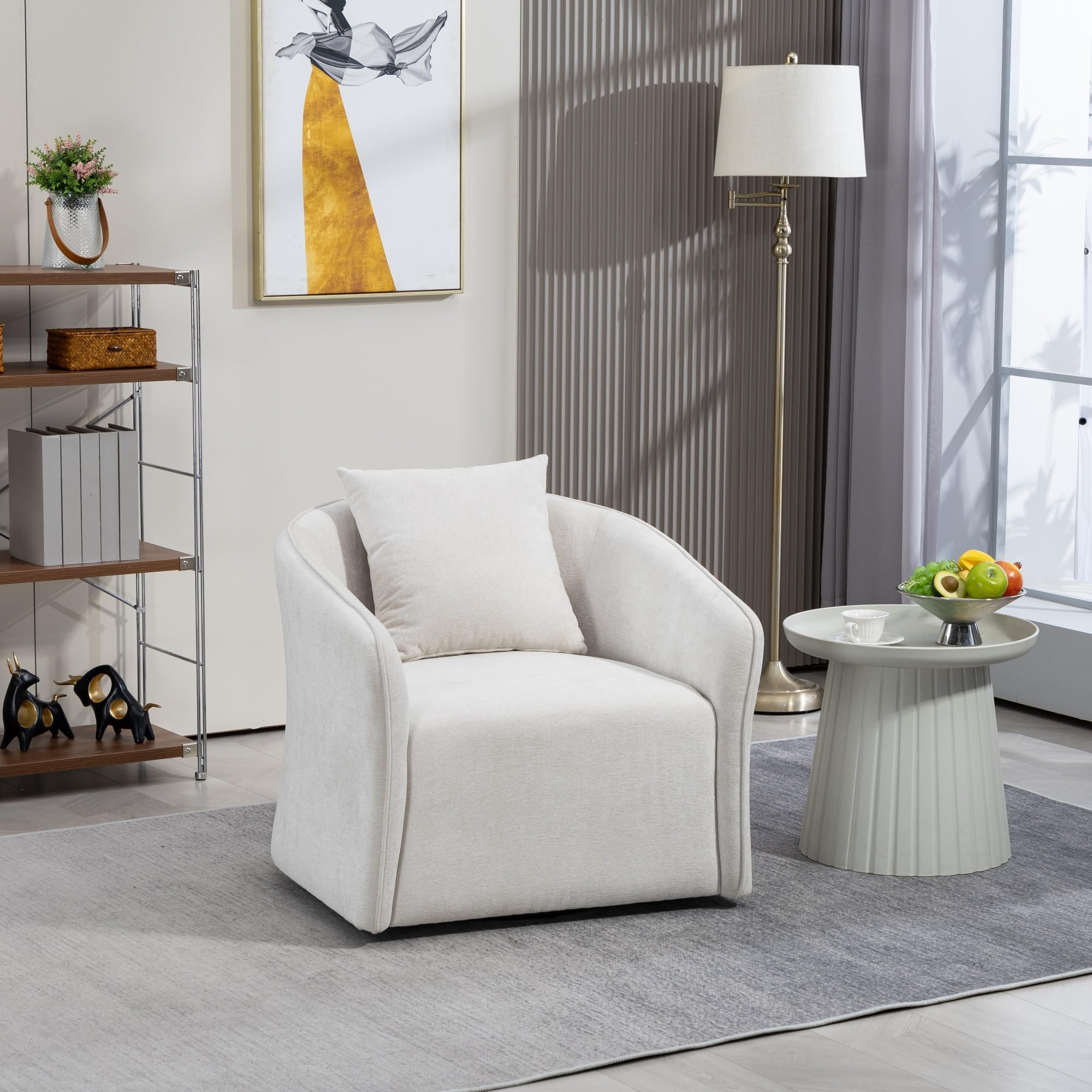 Mid Century Modern Accent Chair with Wood Frame, Upholstered Swivel Chair for Living Room Chairs with Waist Cushion, Reading Armchair for Bedroom Sunroom