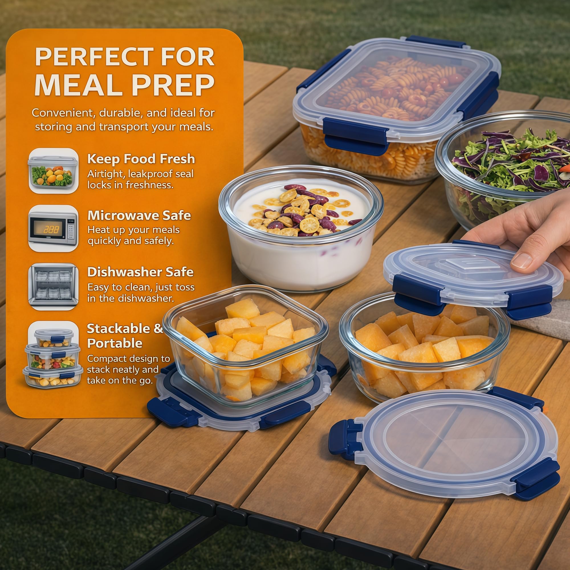 Set di 12 contenitori per alimenti in vetro con coperchi ermetici, con coperchi senza BPA, adatti a microonde, forno, congelatore e lavastoviglie, blu