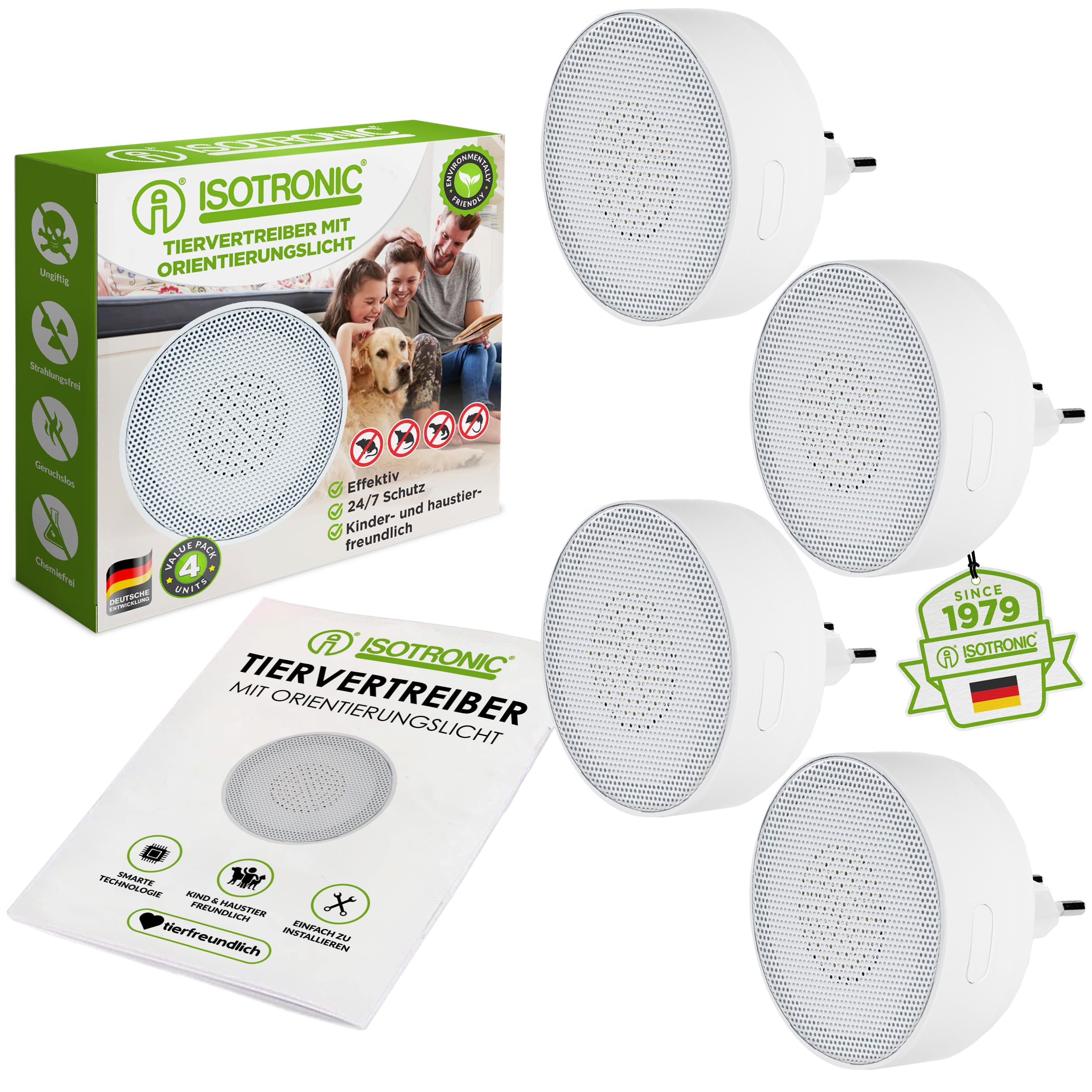 ISOTRONIC Ultraschall Mäuseabwehr zum Mäuse & Ratten vertreiben – Schädlingsvertreiber für Innenräume inkl. Orientierungslicht – Mäuseschreck ohne Gift & Mausefalle – 30m² Wirkungsbereich (1 Stück)