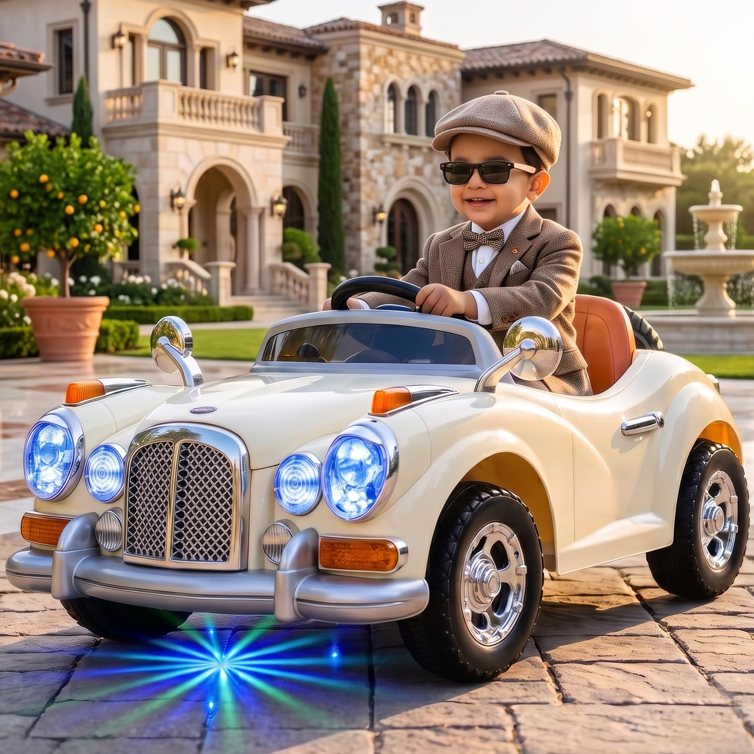 Toyzone Vintage Electric Ride on Car TZ-128 (Creame) | Frequency 2.4 Ghz |Lights and Music | Seat Belt for Safety |Perfect Tyre Grip | Make in India | Indoor and Outdoor Toy-image-3