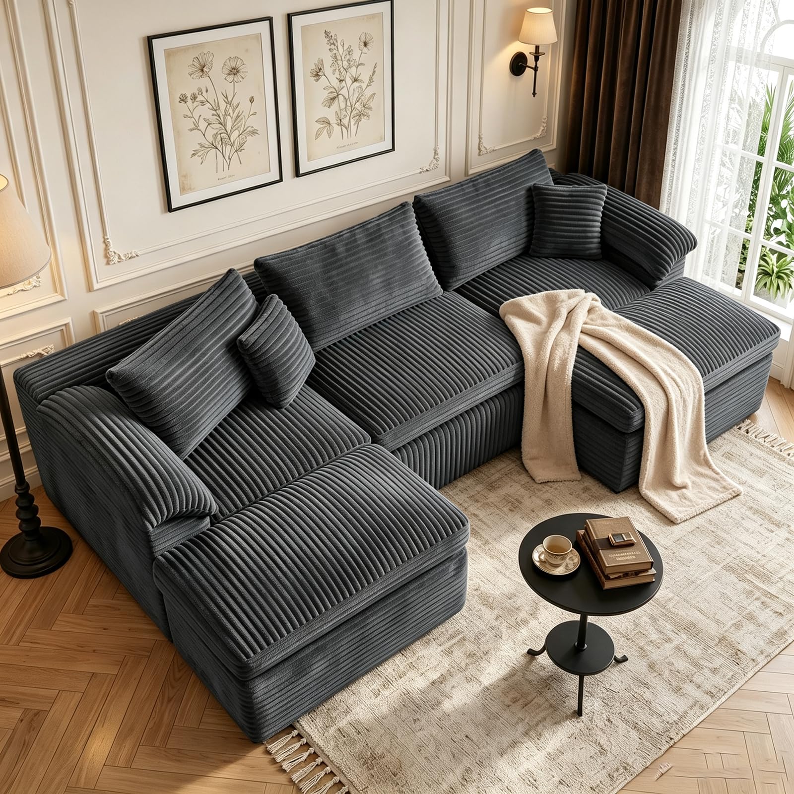106 Inch U Shaped Boneless Couches with 2 Ottomans for Living Room,Grey
