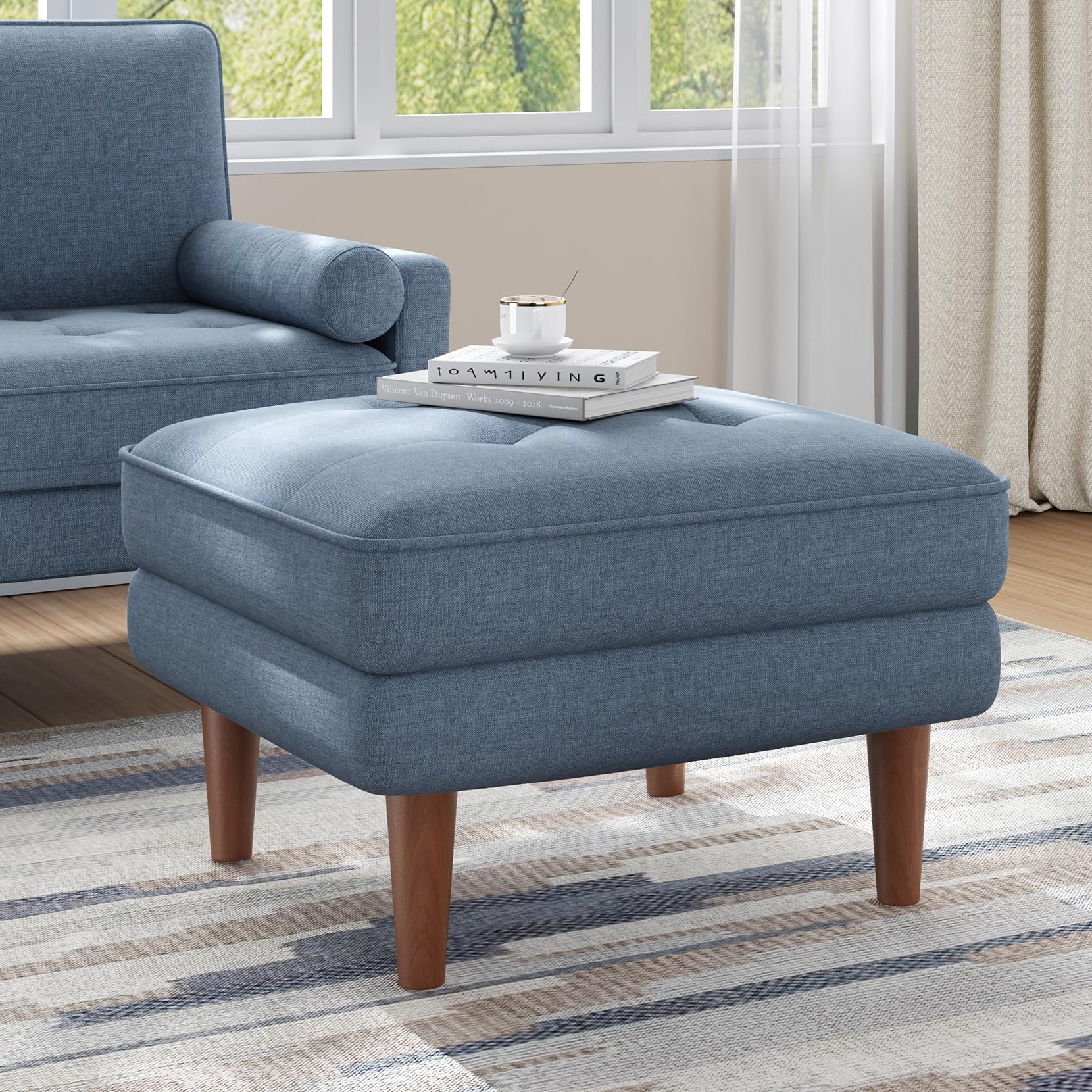 Vesgantti Small Ottoman Blue, Linen Ottoman with Spring Cushion, Rectangle Foot Rest for Couch, Entrance Footstool with Wood Legs, Footstool for Living Room, Bedroom