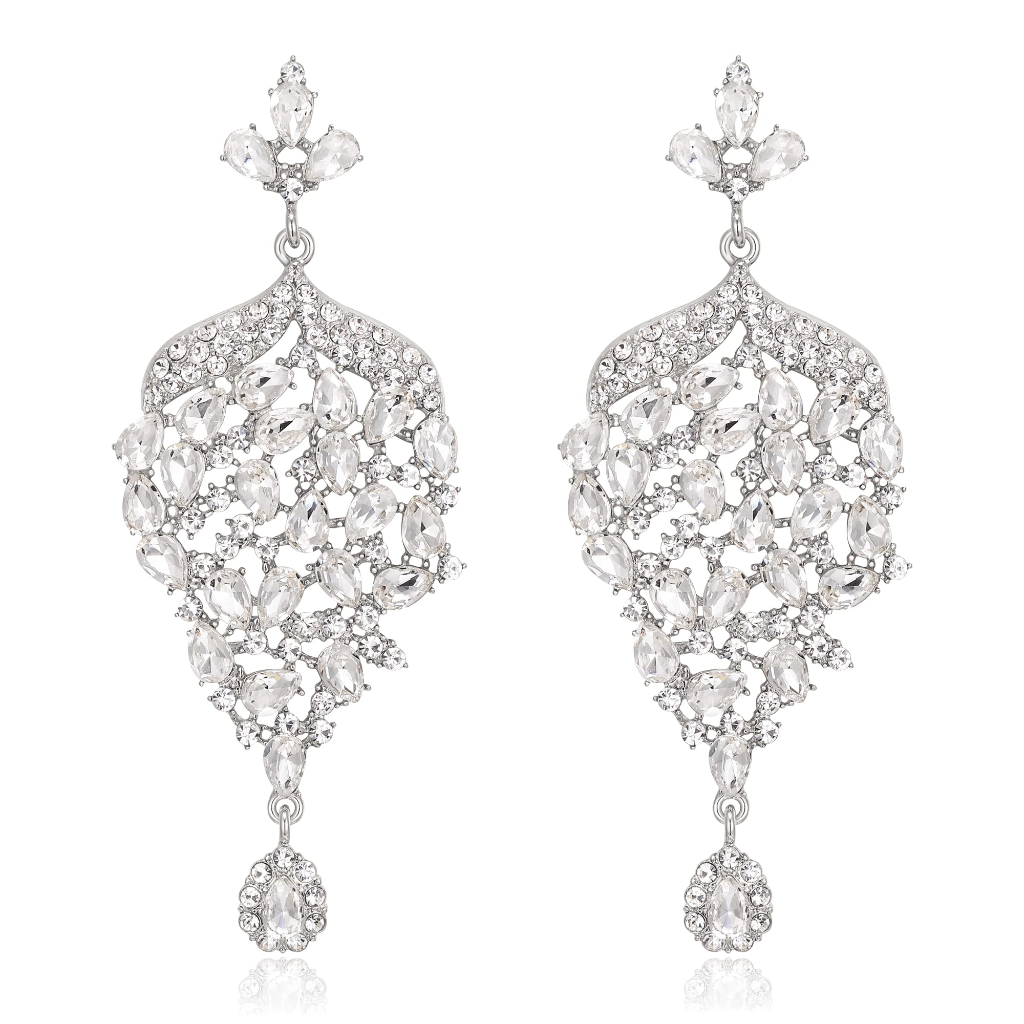 BriLove Women's Stunning Gorgeous Leaf-Shaped Teardrop Cluster Crystal Rhinestone Drop Dangle Earrings for Wedding Bridal Bride Bridesmaid Party Prom