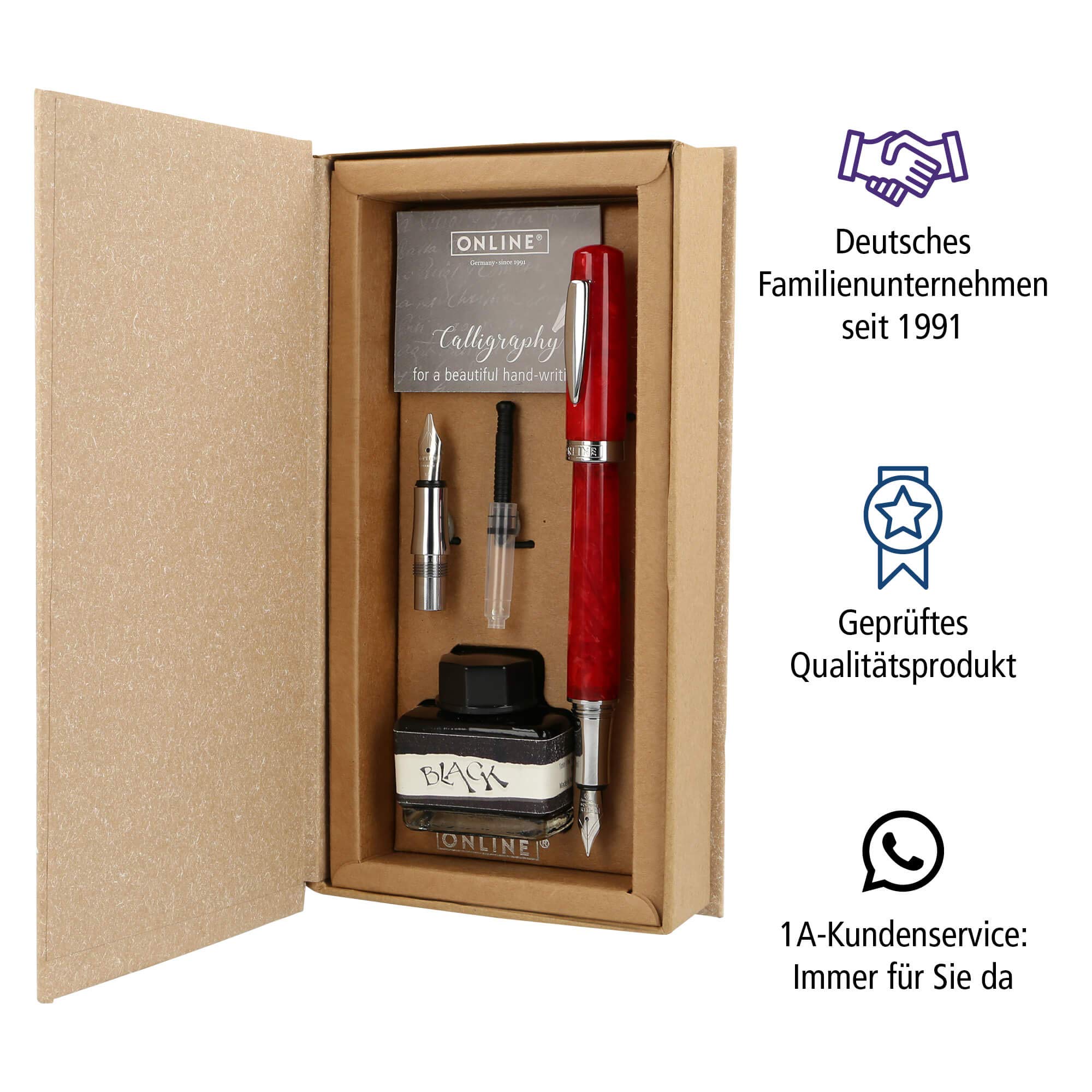 Online Kalligrafie-Set Bohemian Art Rot I Füller aus Kunstharz und Acryl I austauschbare Schönschreib-Federn M (medium) & 1,4 mm I inkl. Tintenkonverter und Tintenfass schwarz I in Geschenkbox, 44040