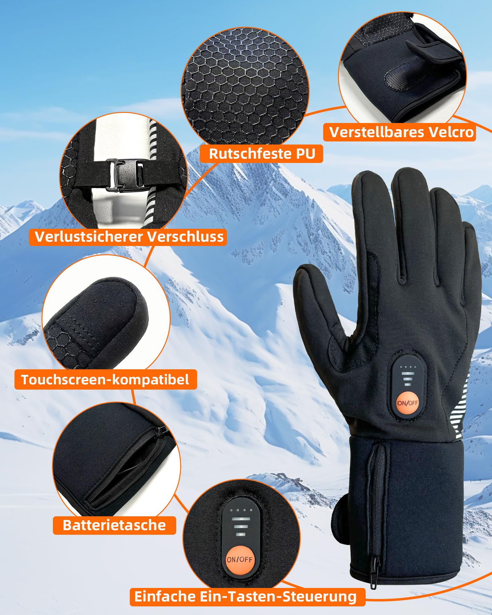 EBOSSOM Beheizbare Handschuhfutter, Winterhandschuhe Herren Damen, Wiederaufladbare Batterie Warme Touchscreen Handschuhe, fürs Skifahren Wandern Radfahren Motorradfahren