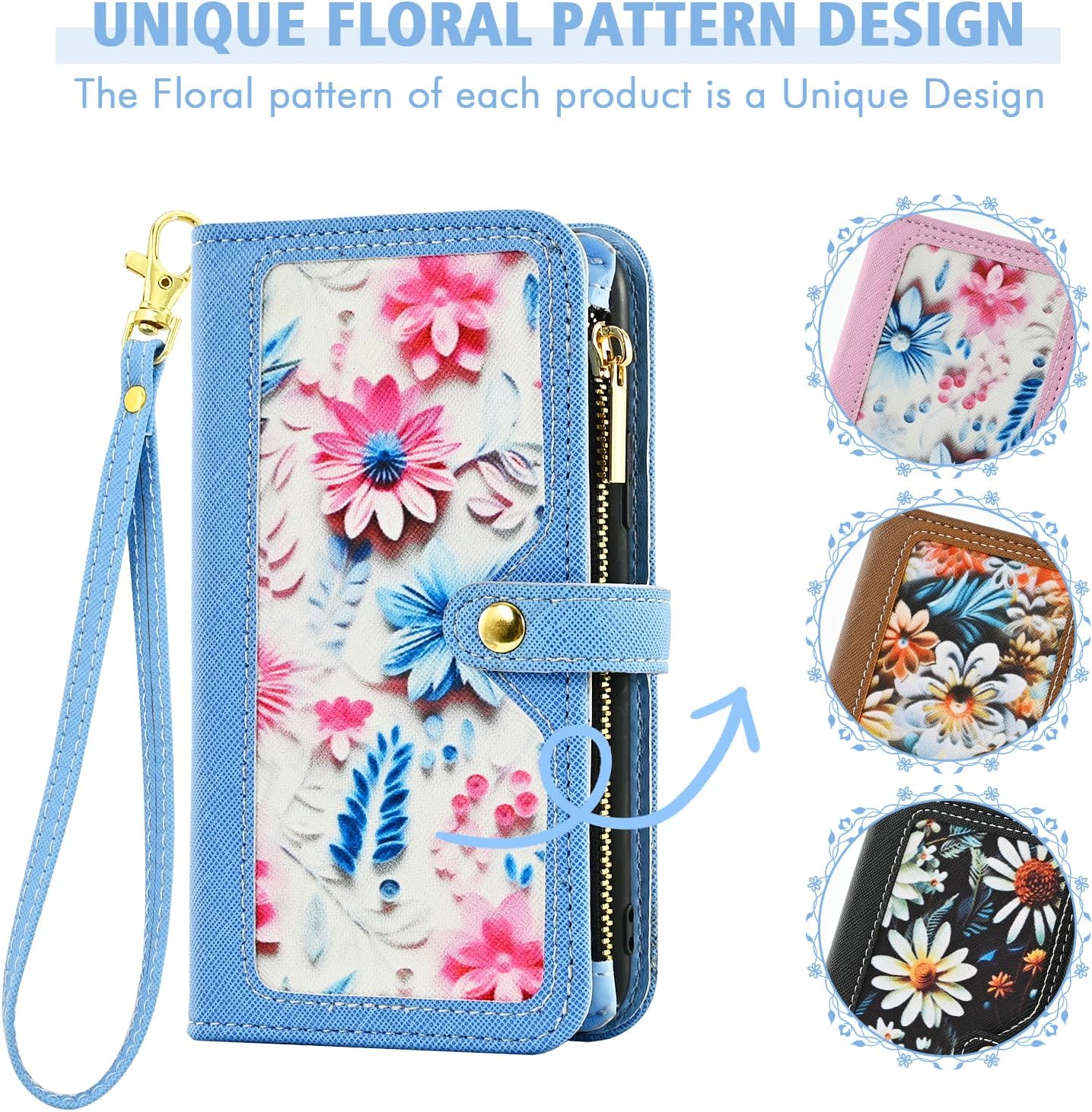 Floral Wallet Case for Motorola Moto G Stylus 5G 2025 with Wrist/Shoulder Strap Flip Zipper Purse, Luxury PU Leather Credit ID Card Holder Stand Accessories Cell Phone Cover for G5 Women Blue