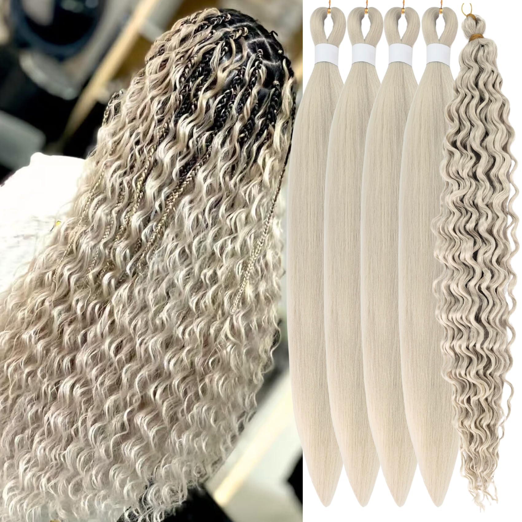 Ash Blonde Braiding Hair Pre stretched Colored Boho Hair for Braiding Hypoallergenic Ez Braid Mixed 613/Silver Synthetic Boho Braids Curls