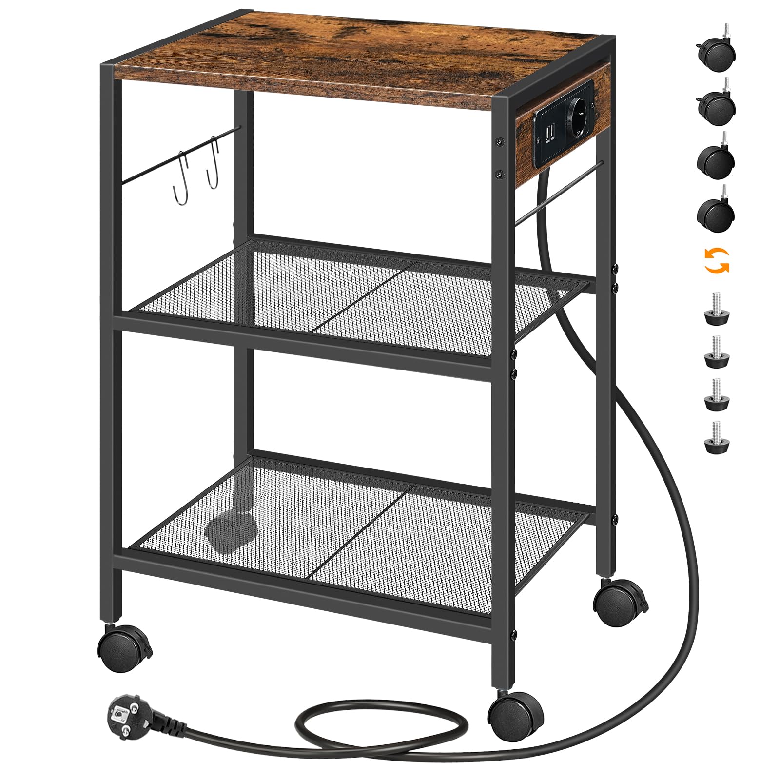 HOOBRO Druckerständer, 3-stufiger Druckerständer mit Ladestation, Lagerregal mit Rollen/verstellbaren Füßen, mit 2 Haken, für das Heimbüro, Vintagebraun und Schwarz EBF22CPS01