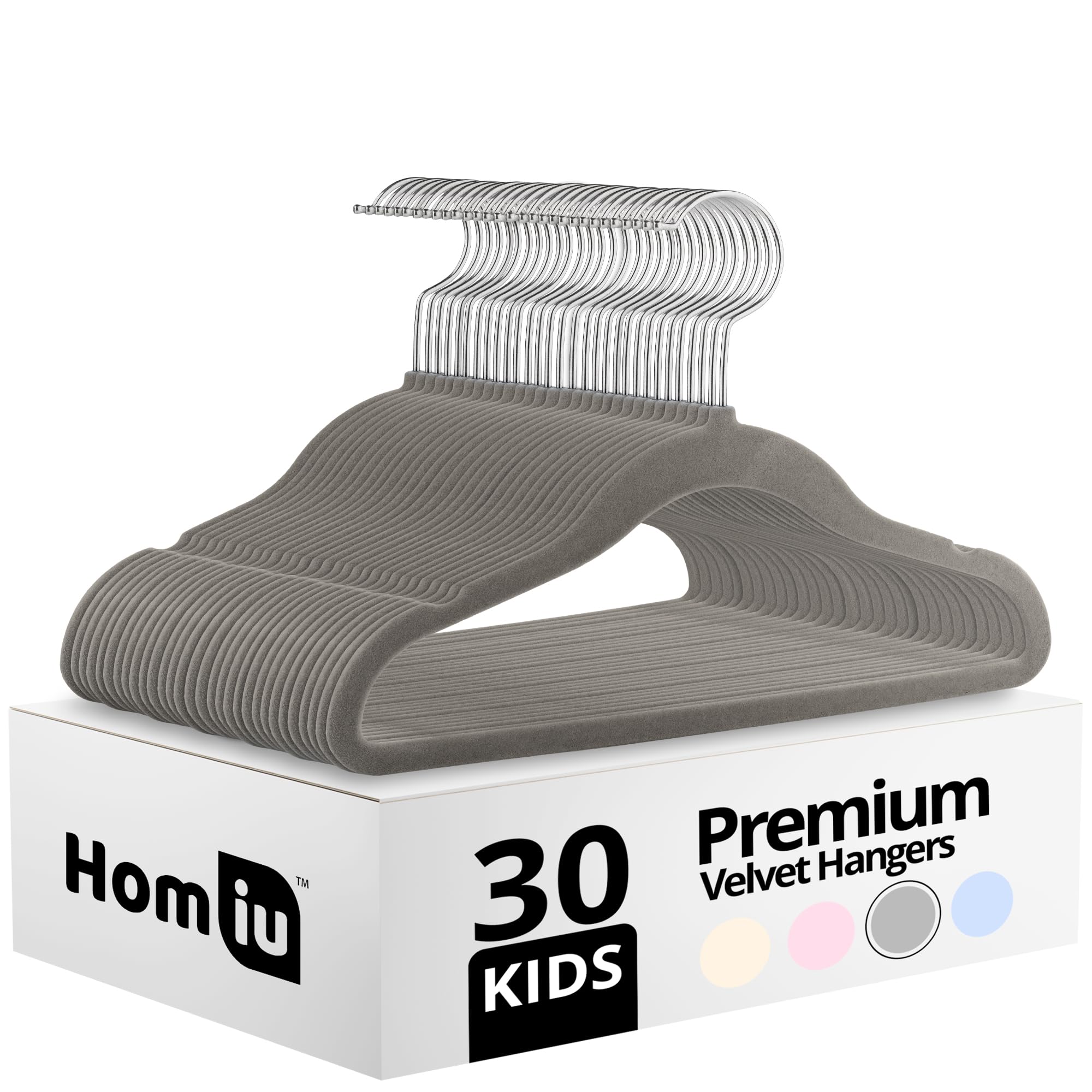 Homiu Girls Grey Non-Slip Kids Velvet Hangers | Ultra-Slim Space Saving Baby Velvet Coat Hangers | 360 Degree Rotatory Hook, Sturdy Baby Clothes Hanger | 30 Pack (, 30 Pack)