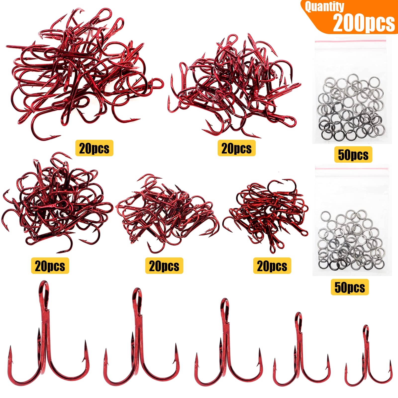 Ghanneey Fishing Red Treble Hooks Kit High Carbon Steel Hooks with Spilt Rings Sharp Strong Hooks for Fishing Lures Baits Freshwater or Saltwater Fishing 200Pcs
