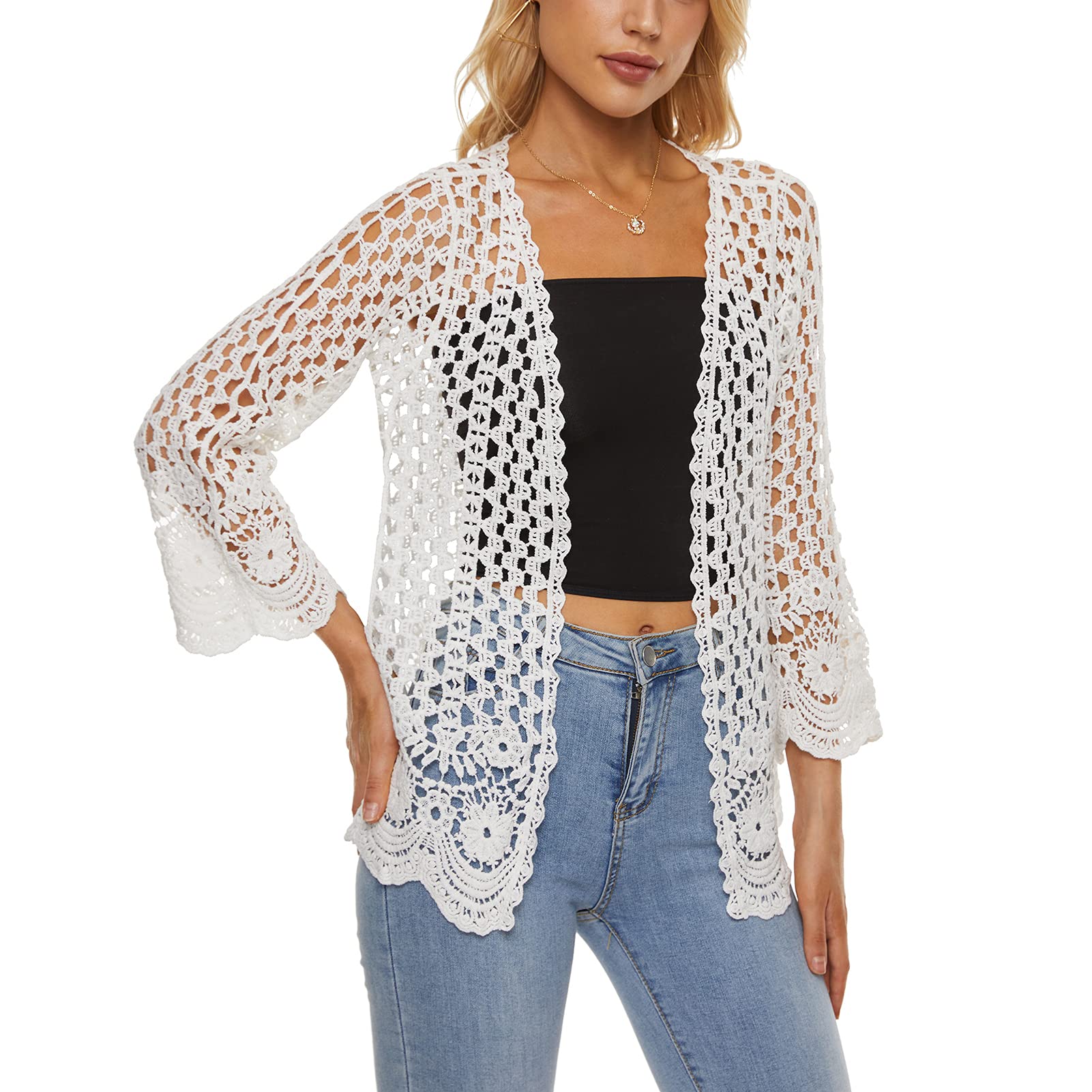 Womens Boho Open Front Cardigan Long Sleeve Loose Knit Lightweight Sweaters