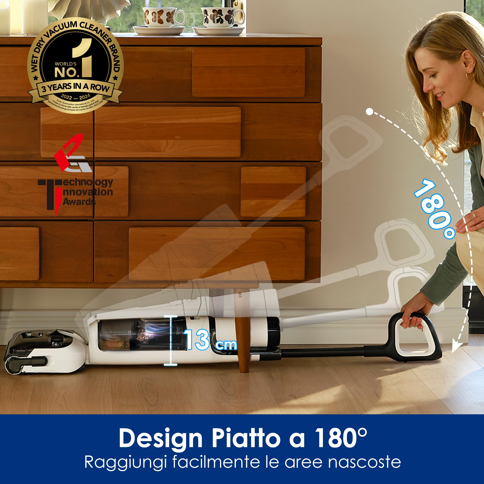 Tineco FLOOR ONE STRETCH S6 aspirapolvere a secco e umido, inclinazione fino a 180°, design compatto 13 CM autopulente e con asciugatura veloce a 70°C, pulizia dei bordi su ambo i lati