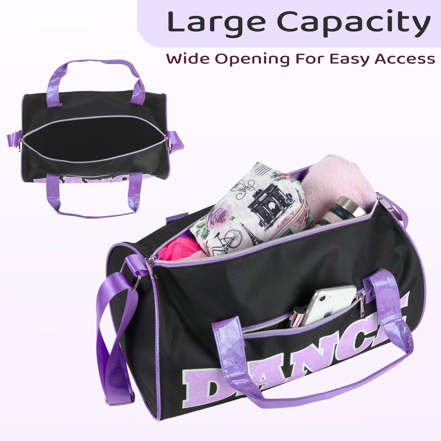 Dance Duffle Bags for Dancers, Girls, Teens, and Student Athletes, Fun Dance Workout Duffel Bag for Girls and Boys (Black/Purple) - Image 3