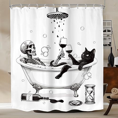 Miniatura 24 de Cortina de ducha de esqueleto de calavera de vaquero occidental, divertida, gótica de Texas, espeluznante, única hueso mexicano en la bañera,