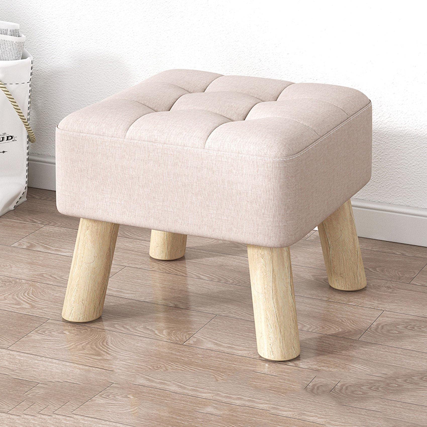 LMMIAOZ Linen Footstool with Wood Legs for Living Room and Bedroom Comfortable Rest Stool and Shoe Change Stool 30x30x26cm Square Pouffe Footstool