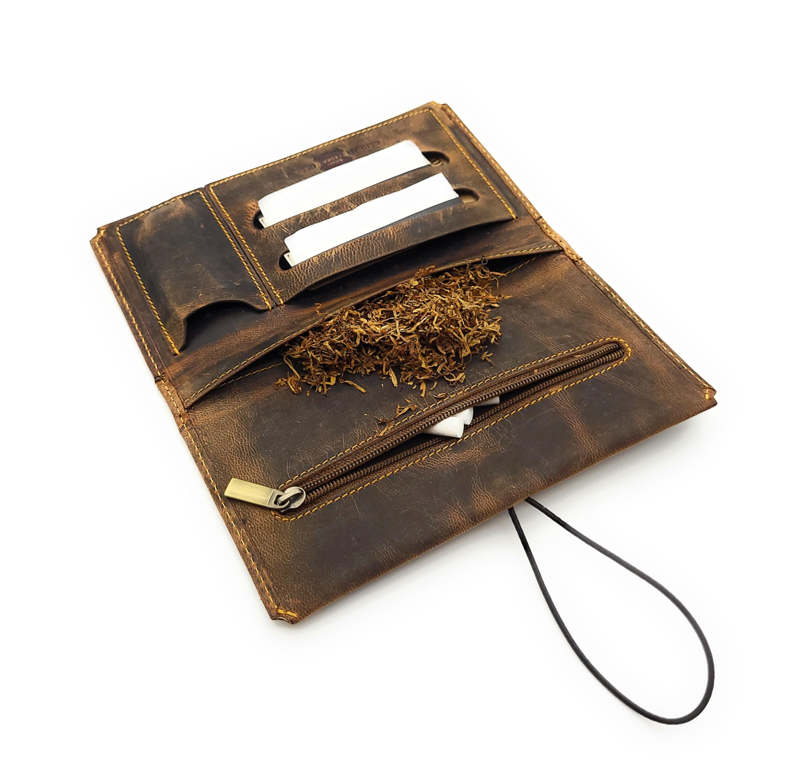 Sacchetti per tabacco in pelle di bufalo, di alta qualità e pratici, scomparti per tabacco da 30 g, foglie, filtri e accendino, chiusura con elastico, compatto e leggero (16 x 9 x 2 cm, 65 g)