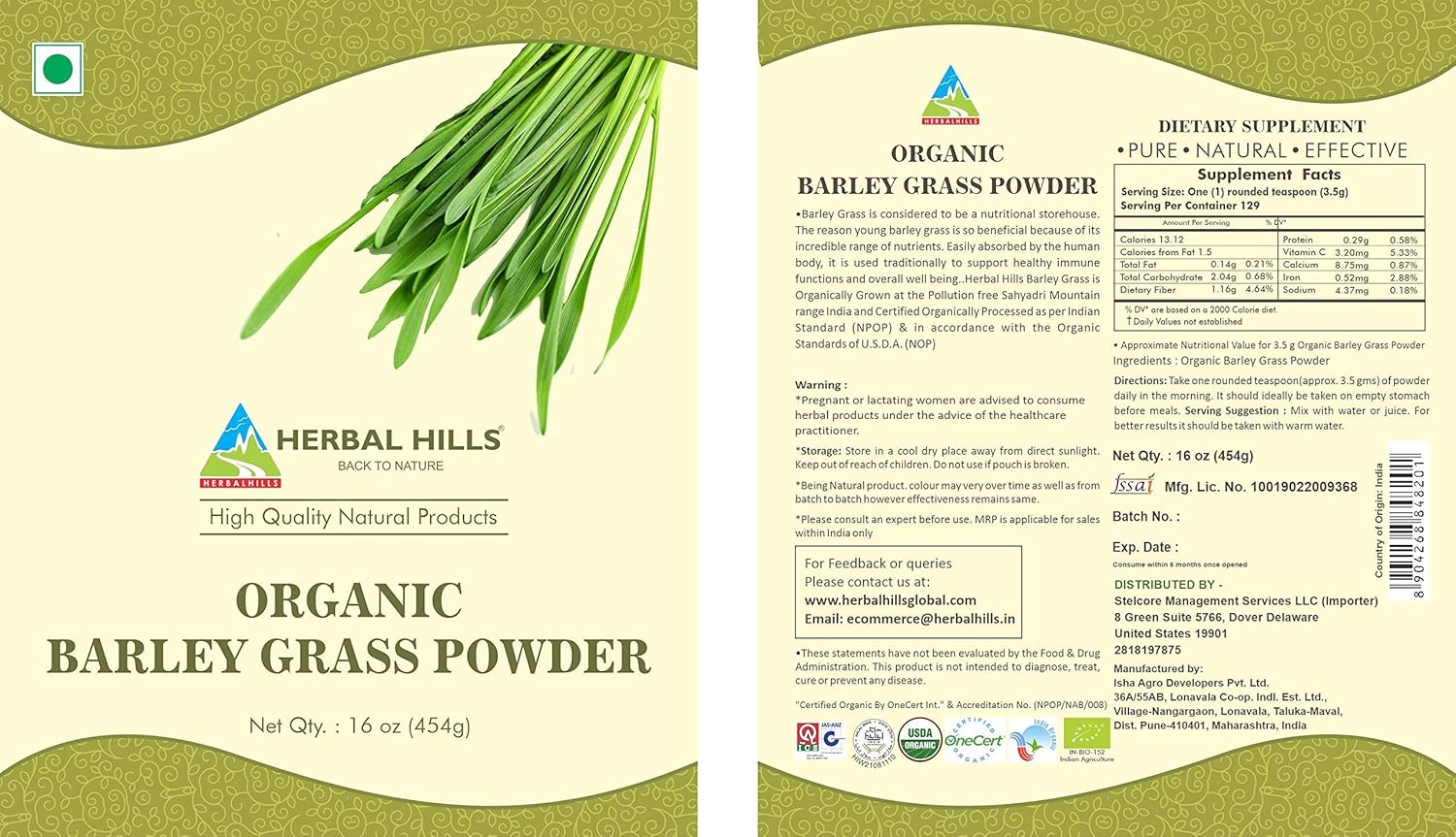 Herbal Hills Alfalfa Powder Organic & Barley Grass Powder Organic, Each 16 Ounce/ 454 gm Green Food Supplements Combo (Pack of 2) 32 oz : Health & Household