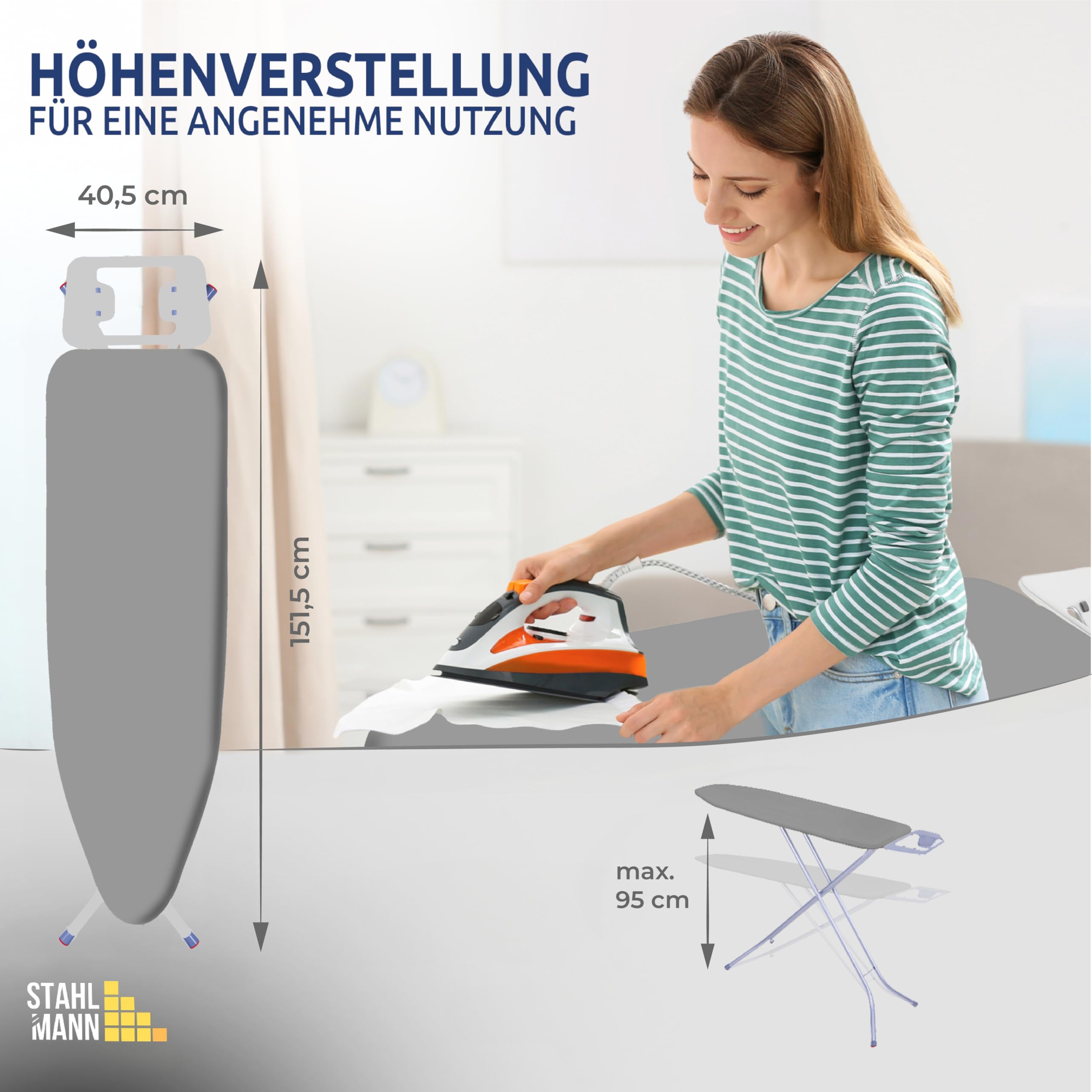 STAHLMANN ® Bügelbrett [114x34 Bügelfäche ] Grau mit rutschfesten Füßen – robuster Bügeltisch – extra stabiles Bügelbrett [Made IN EU] – Tischbügelbrett