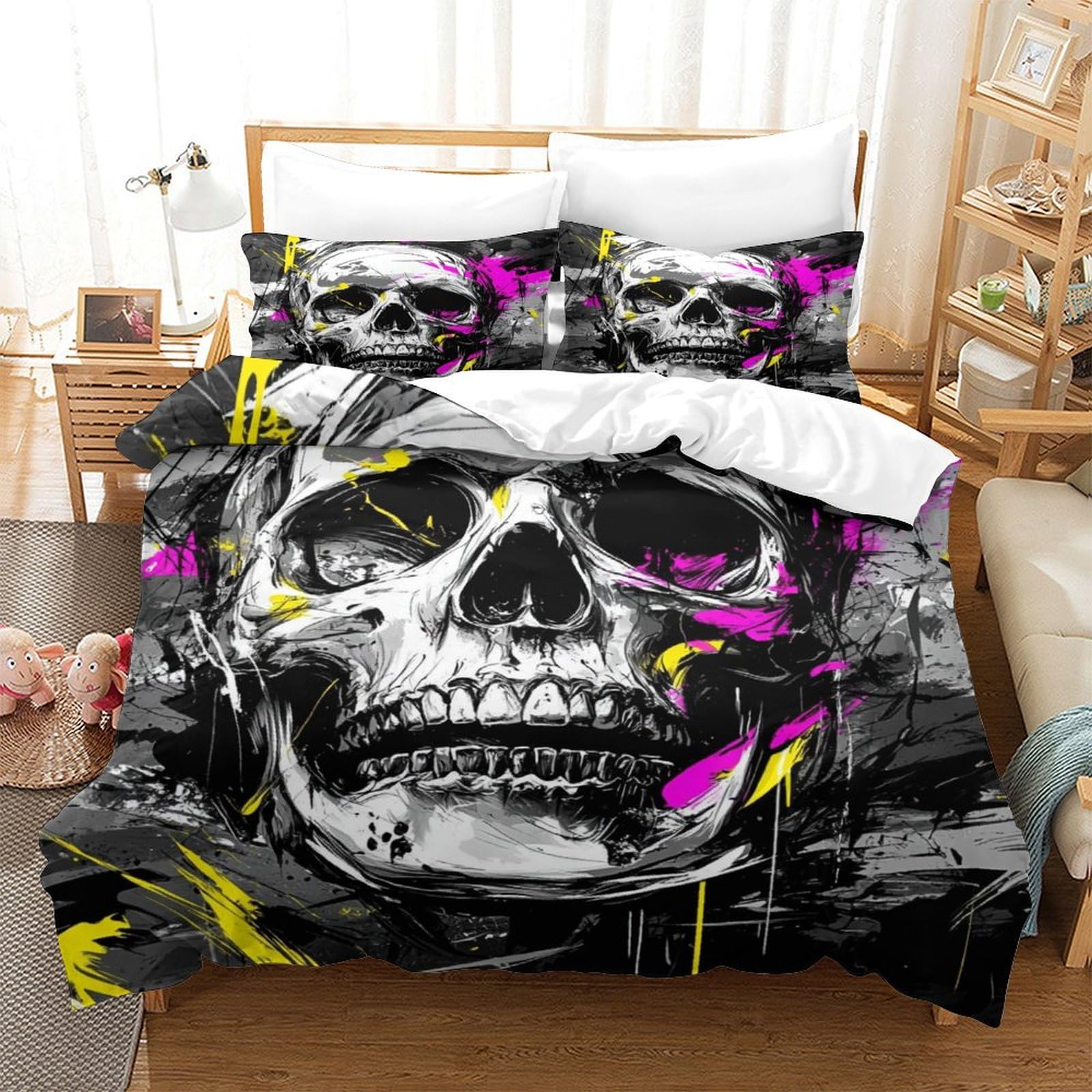 P1S9U7W5Y Graffiti Skull 3D Printed Microfiber Duvet Cover Set 3pcs Trendy Skeleton Bedding Set King（220x240cm）