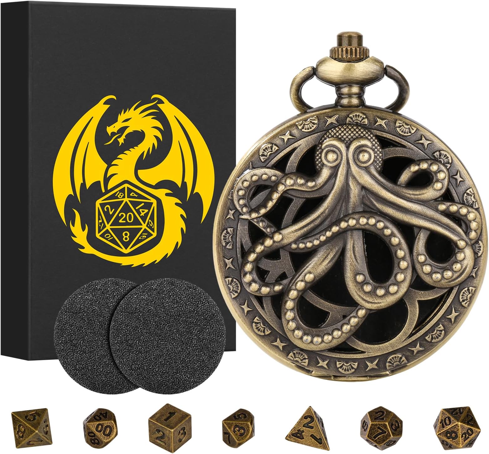 Mini DND Dice Set, Steampunk Hollow Octopus Pocket Watch Shell Case, 7pcs Polyhedral Metal DND Dice Set, D&D Gifts with Gift Box, Role Playing Board Games Accessories, Bronze