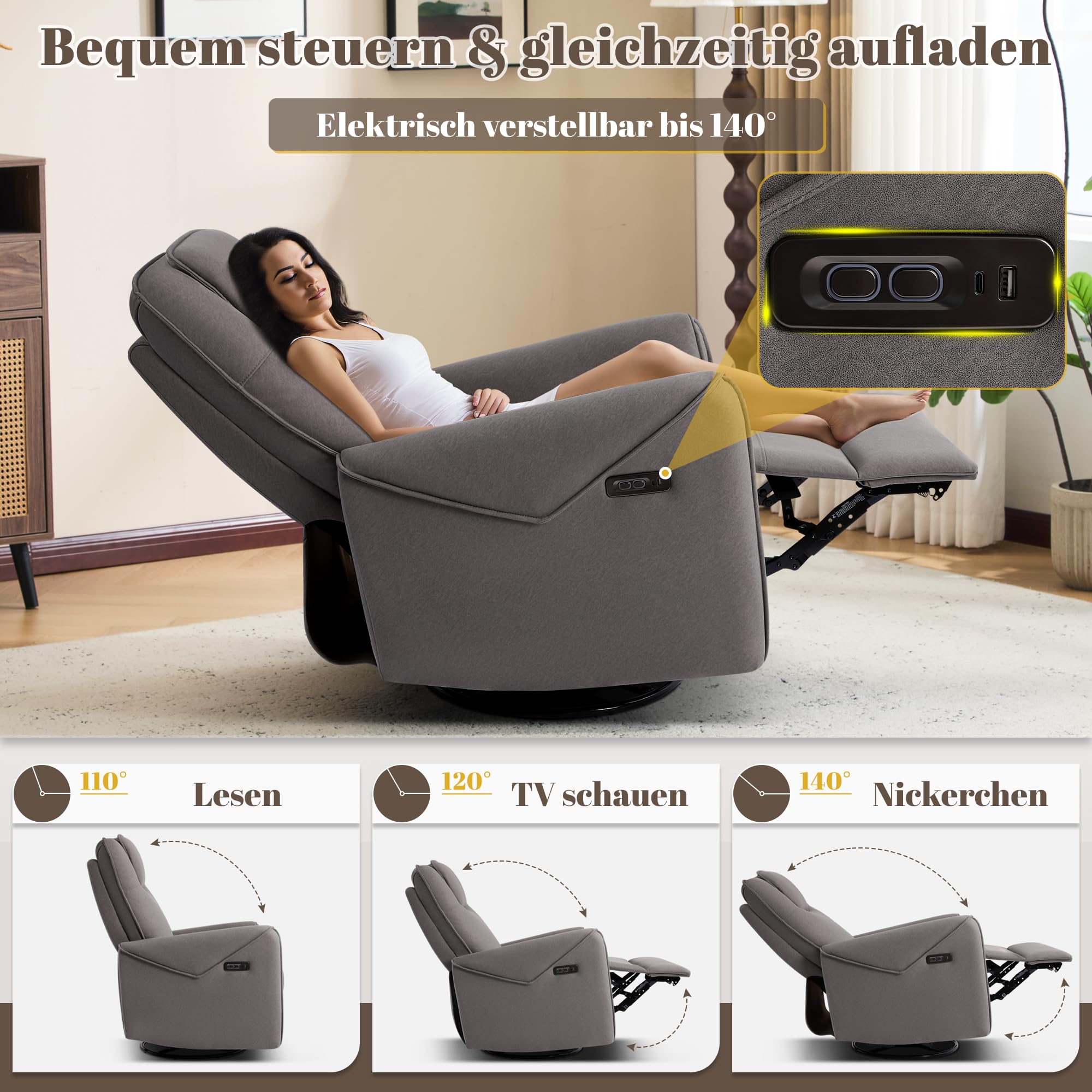 Elektrischer Relaxsessel mit Massage und Wärme, Fernsehsessel 270° Drehbar mit Liegefunktion, Massagesessel mit Schaukelfunktion für Wohnzimmer (Grau)