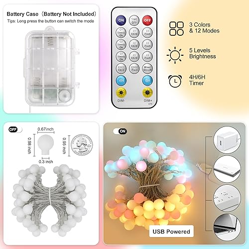 Miniatura 7 de OMIKA Guirnalda de luces navideñas de 33 pies, funciona con pilas, 100 luces LED alimentadas por USB con temporizador remoto