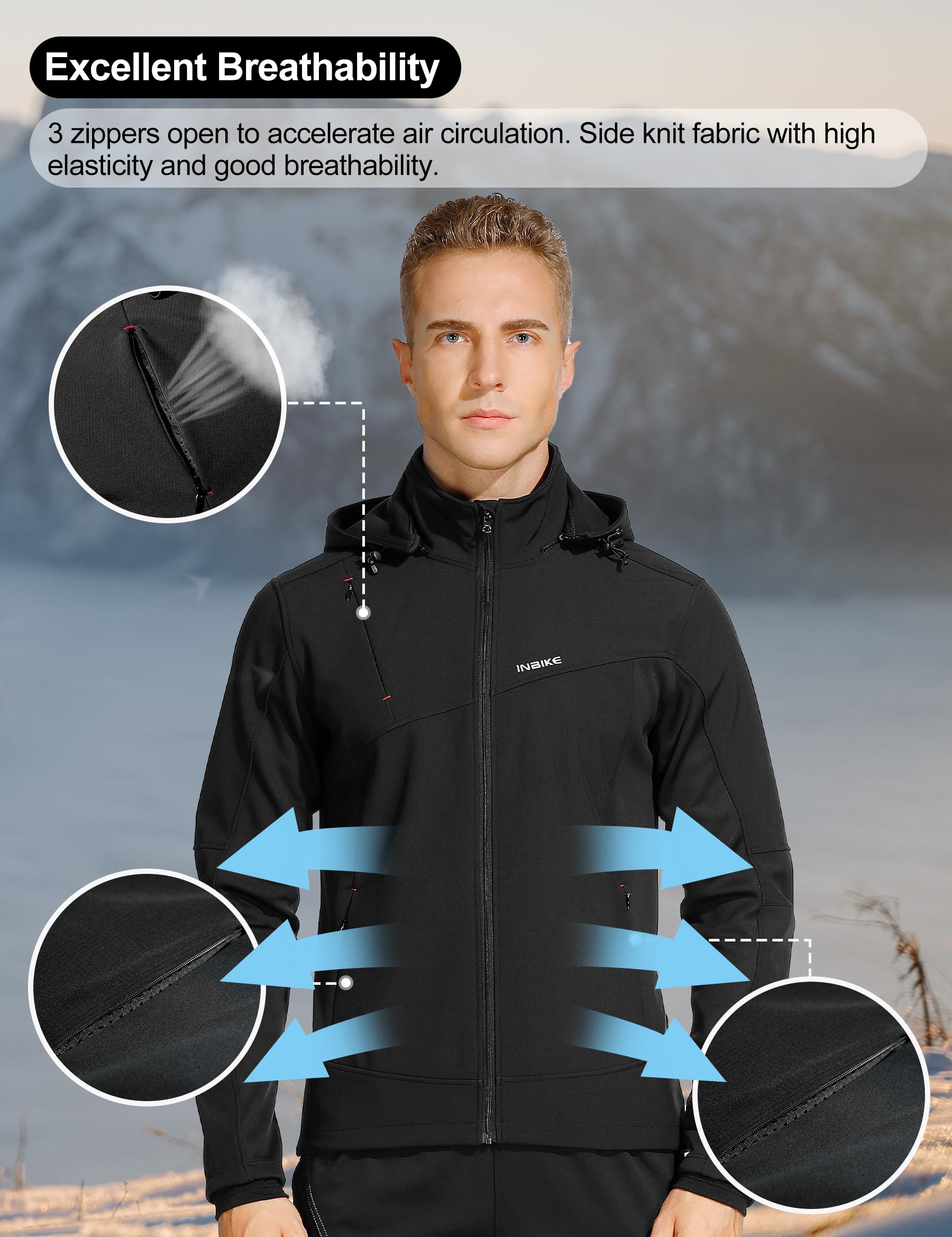 INBIKE Giacca Softshell da Uomo con Cappuccio Giubbotto Trekking Impermeabile Invernale Antivento per Montagna,Corsa,Ciclismo e Altre attività Outdoor