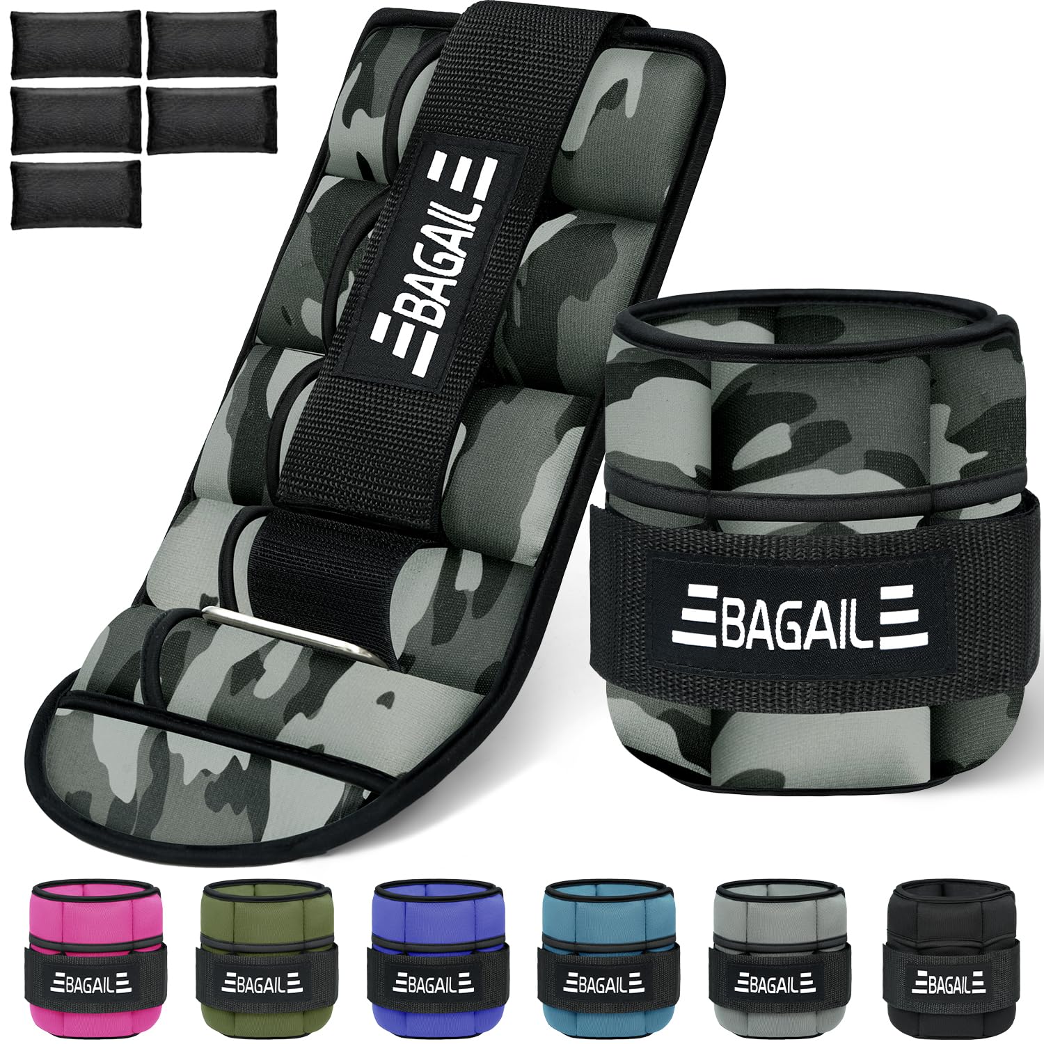 Adjustable Ankle Weights 0.9-3.2kg - BAGAIL Wrist Weights 2 Straps with Detachable Sandbags, Ideal for Strength Training and Fitness Cardio, 0.4-1.6kg Per Strap, 15-31cm Circumference, Camouflage
