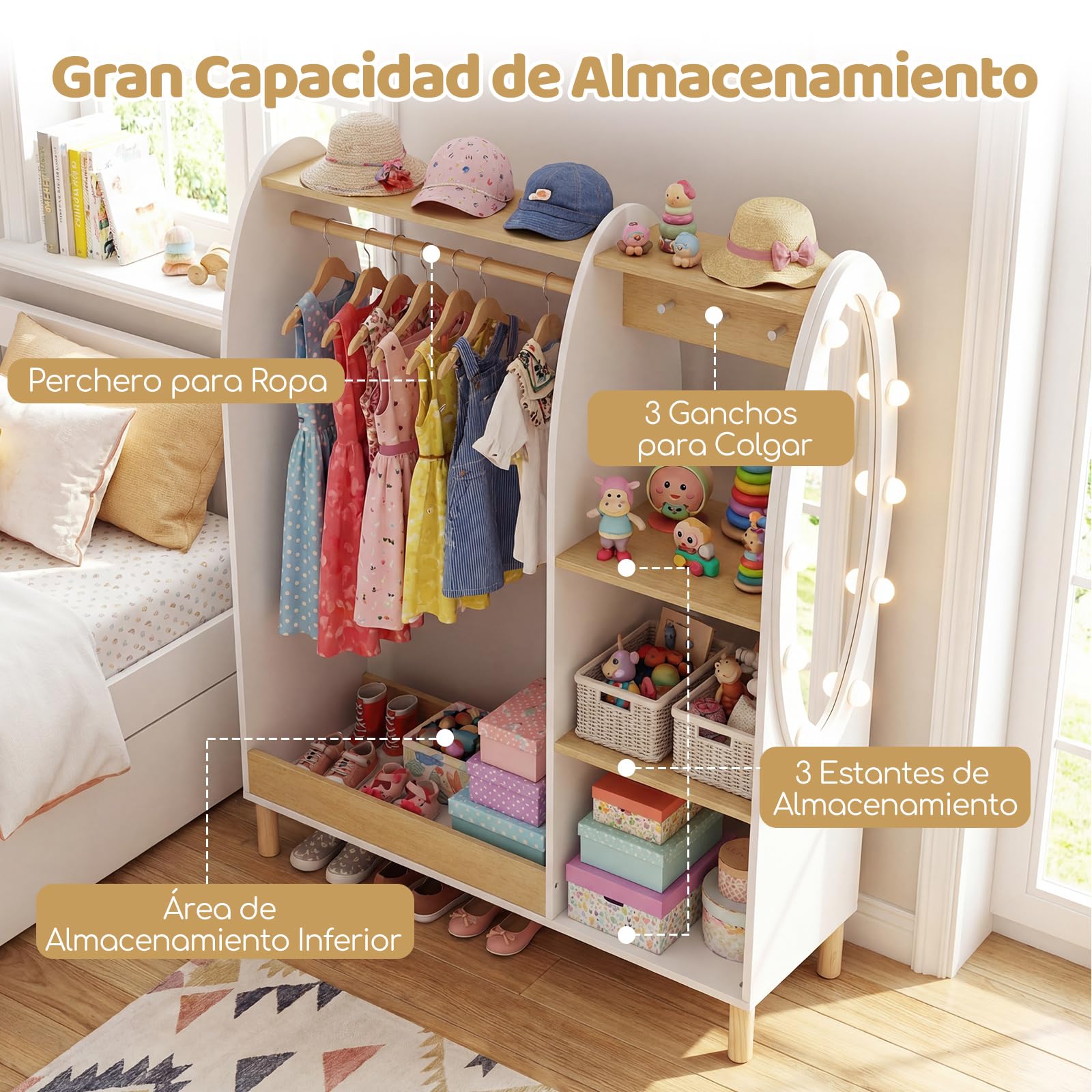 COSTWAY Armario Infantil con Espejo y Luces, Armario de Ropa con Estantes y Ganchos para Niños