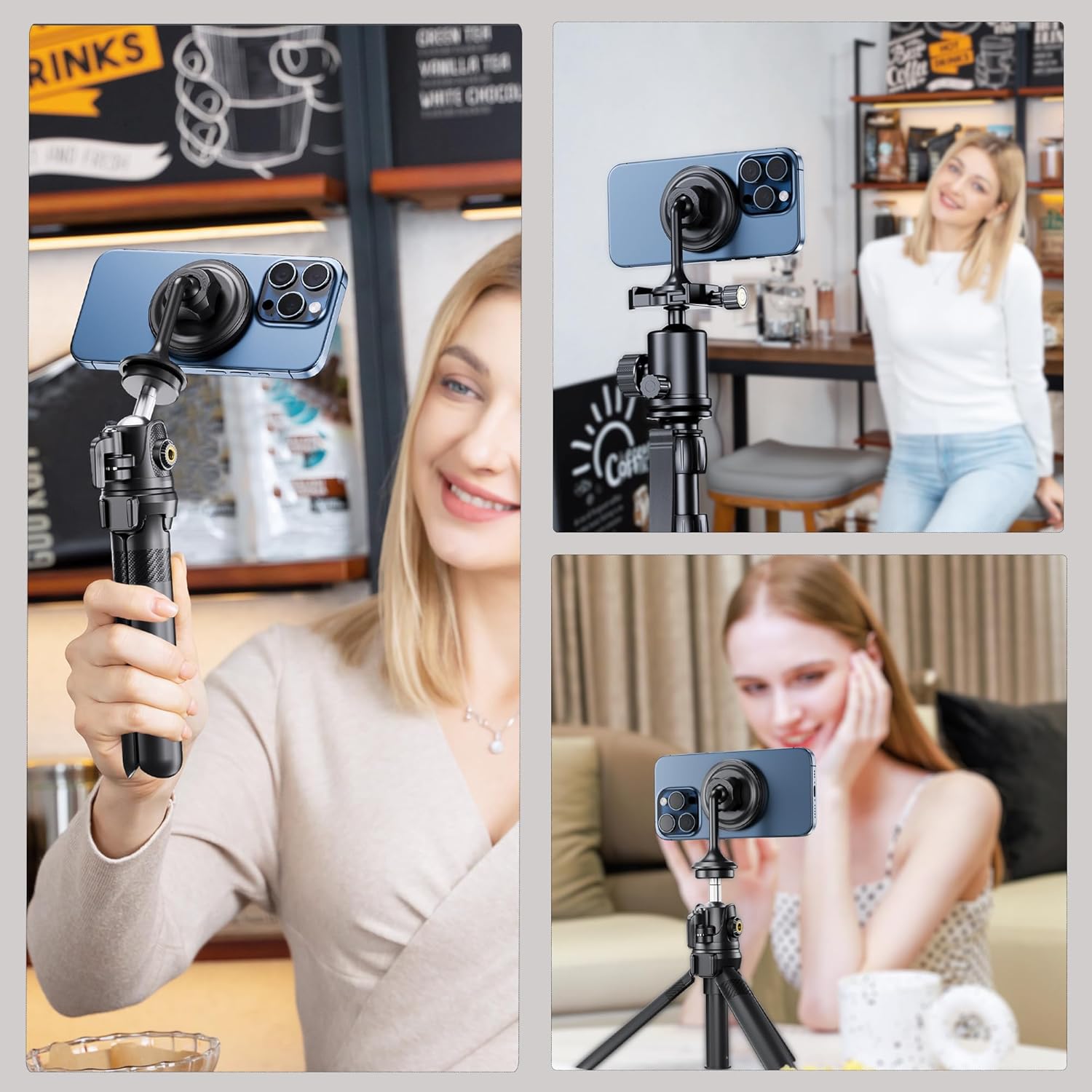 Magnetic Phone Tripod Mount Adapter with Arca Base&1/4" Screw Hole Compatible with MagSafe, 60° Tilt iPhone Tripod Holder for iPhone 17 16 15 14 13 12 Pro Max Plus, Selfie Stick Tripod Arca Ball Head - Image 6