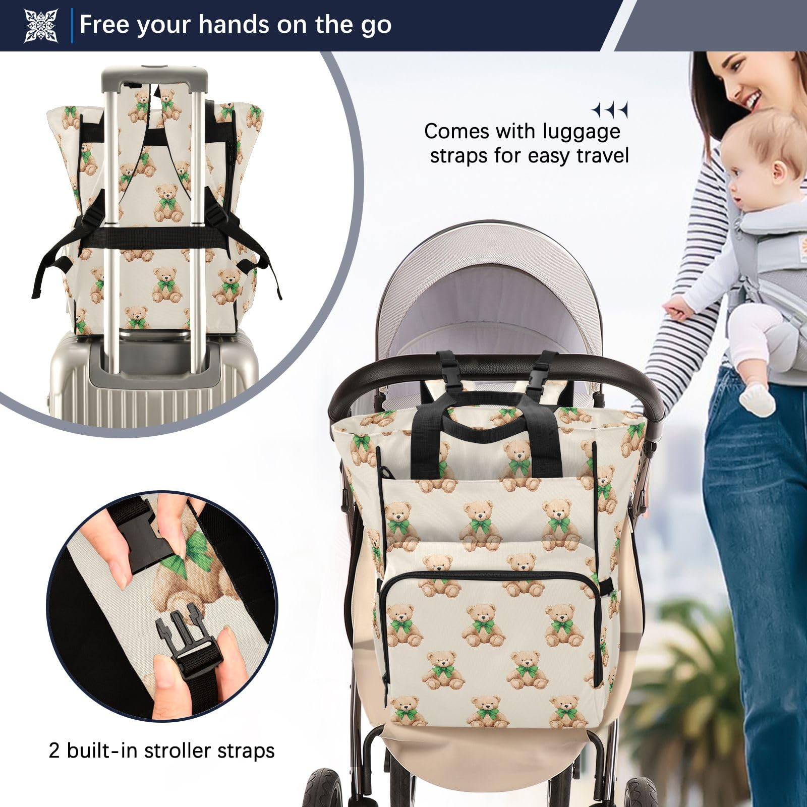 Mnsruu Baby-Wickeltasche mit Teddybär-Schleifenmuster, große Tasche, wasserdicht, Reise-Wickeltaschen für Mütter und Väter