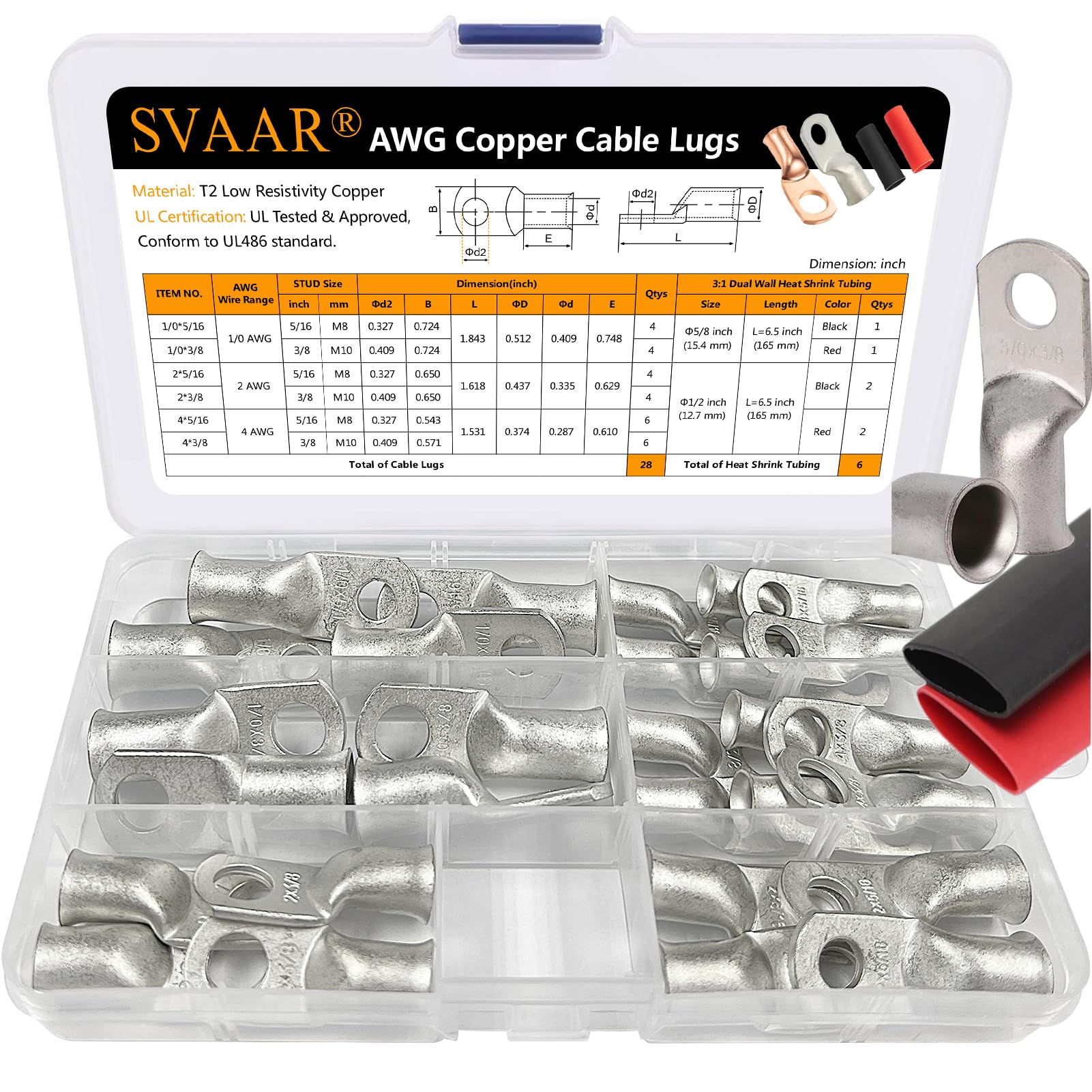 SVAAR 0 Gauge 2 Gauge 4 Gauge Terminals Copper Lugs kit Tinned Copper Wire Lugs with 5/16" and 3/8" Ring Terminals Battery Cable Lugs Terminal
