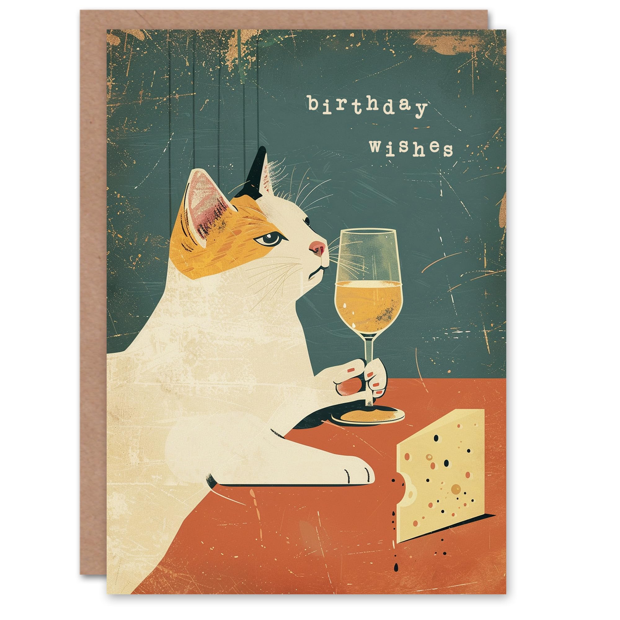 Artery8 Birthday Card Cat Wino Cheese Lover Fun Artwork Sophisticated Pet For Him Her Man Woman Girl Boy Wife Husband Greeting Card