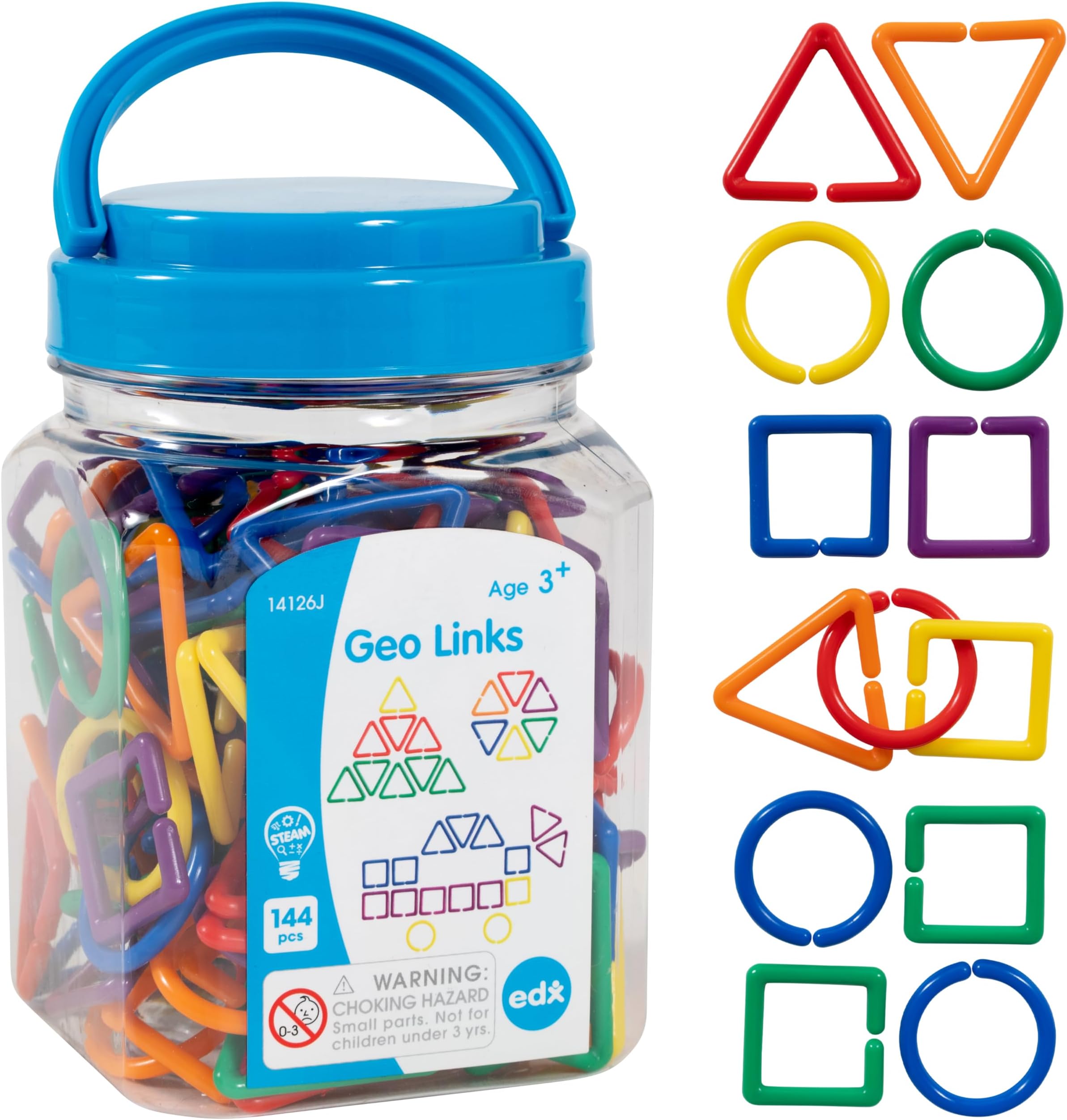 edxeducation Geo Links - Mini Jar - Set of 144 - Linking Shapes - 6 Colors - Practice Shape Recognition, Counting, Sorting and More