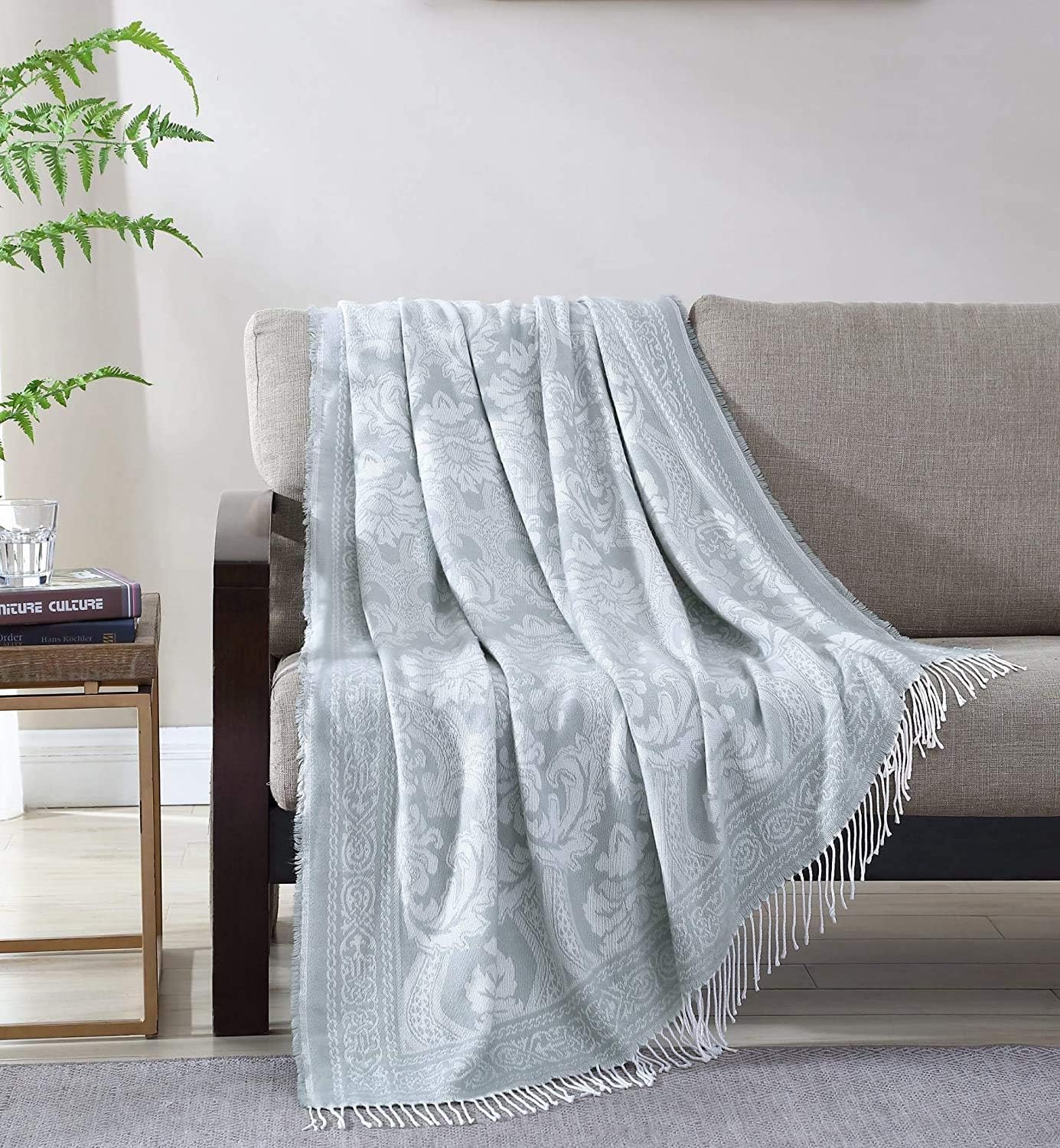 Woven Throw Blanket Silver Gray Floral Motif Super Soft Lightweight Blanket for Sofa Couch Decoration Throw, 50" x 70"