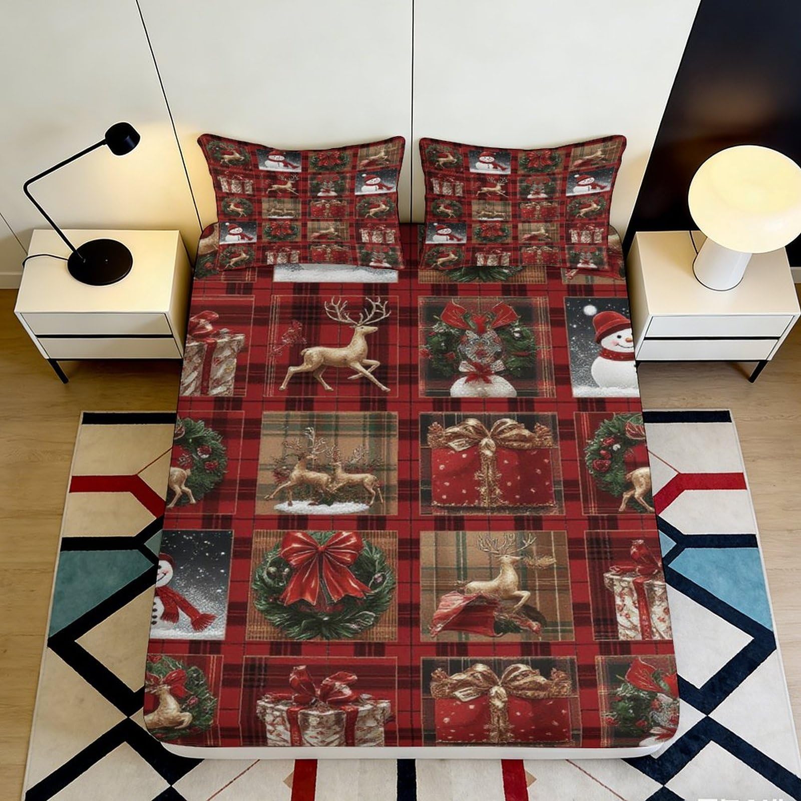 3D Printed Christmas Reindeer Fitted Sheet Microfiber Red Plaid Snowman Bed Cover for Bedroom Guest Room Decor 90x200x25cm