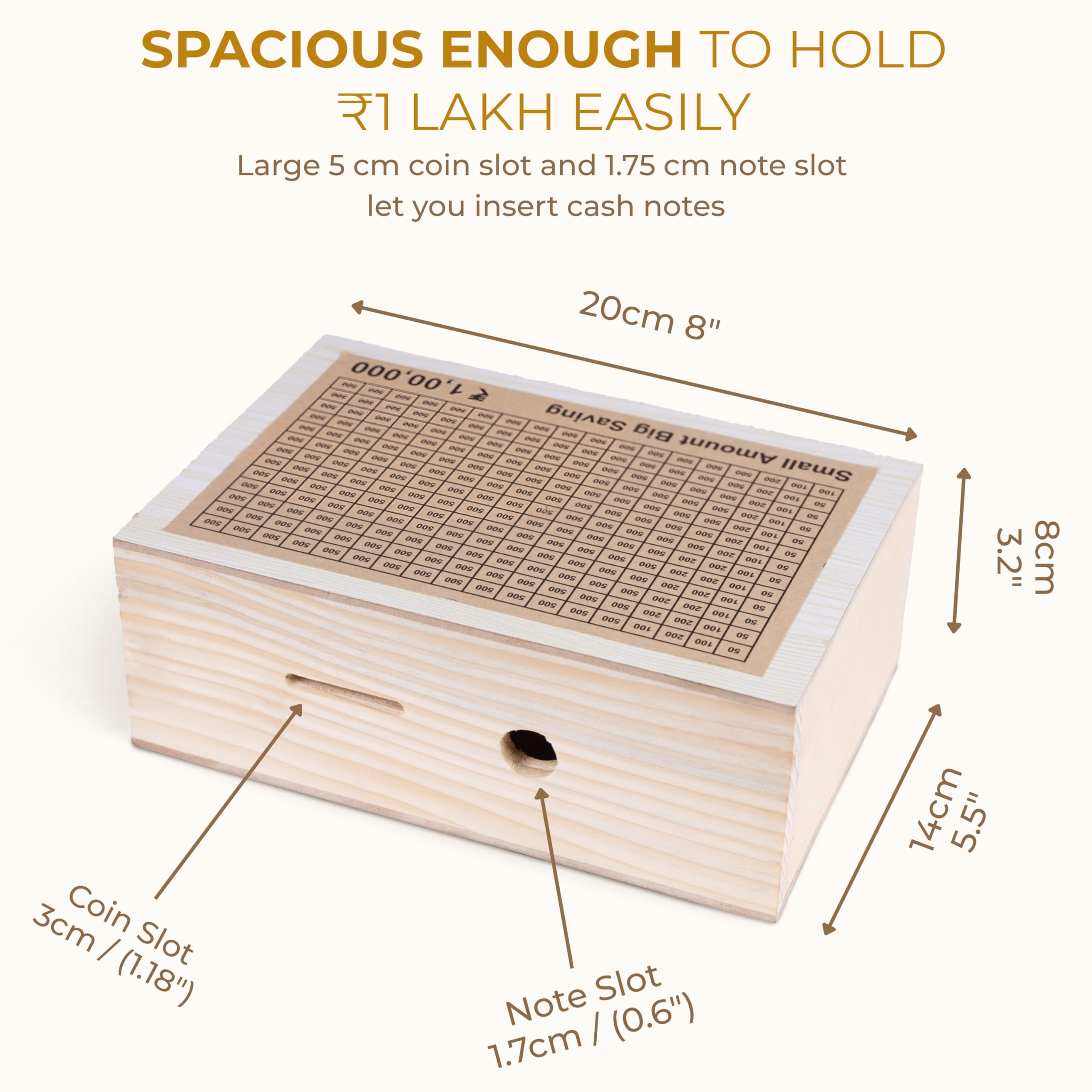 Unbreakable Wooden Money Saving Box for Adults – 1 Lakh Capacity | Reusable Piggy Bank | Money Bank with Amount 100000 | One Lakh Gullak, Kidddy Bank for Kids, Men, Women, Girls, Boys | 1 Yr Warranty 4